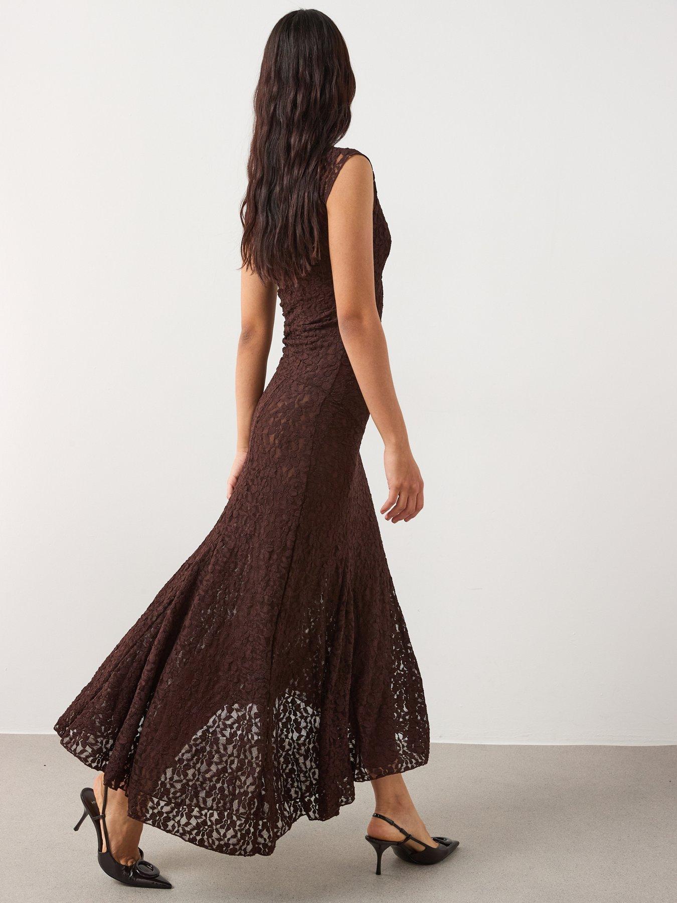  image of mango-asymmetric-lace-dress-brown
