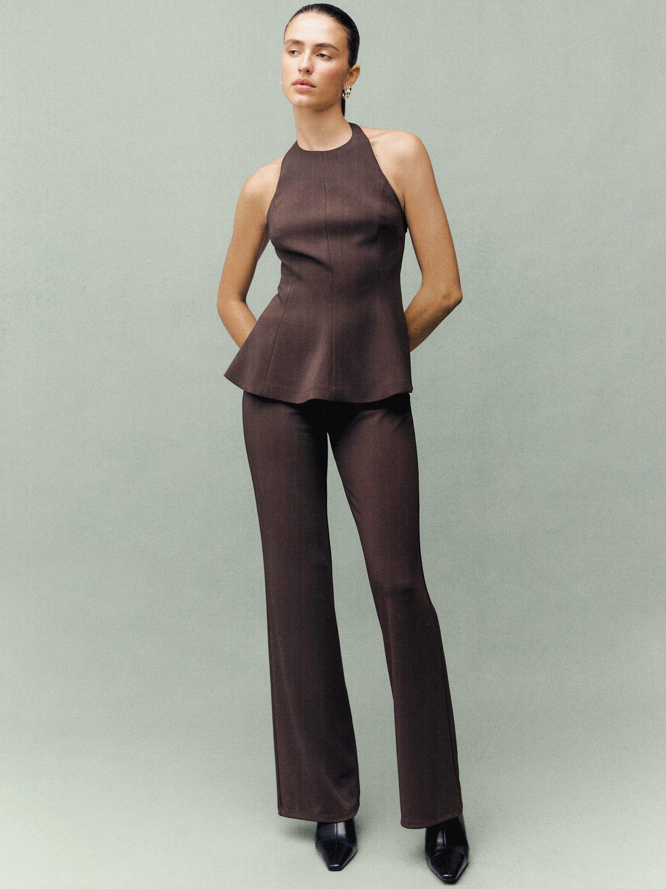 front image of mango-straight-fit-trousers-with-elastic-waist-brown