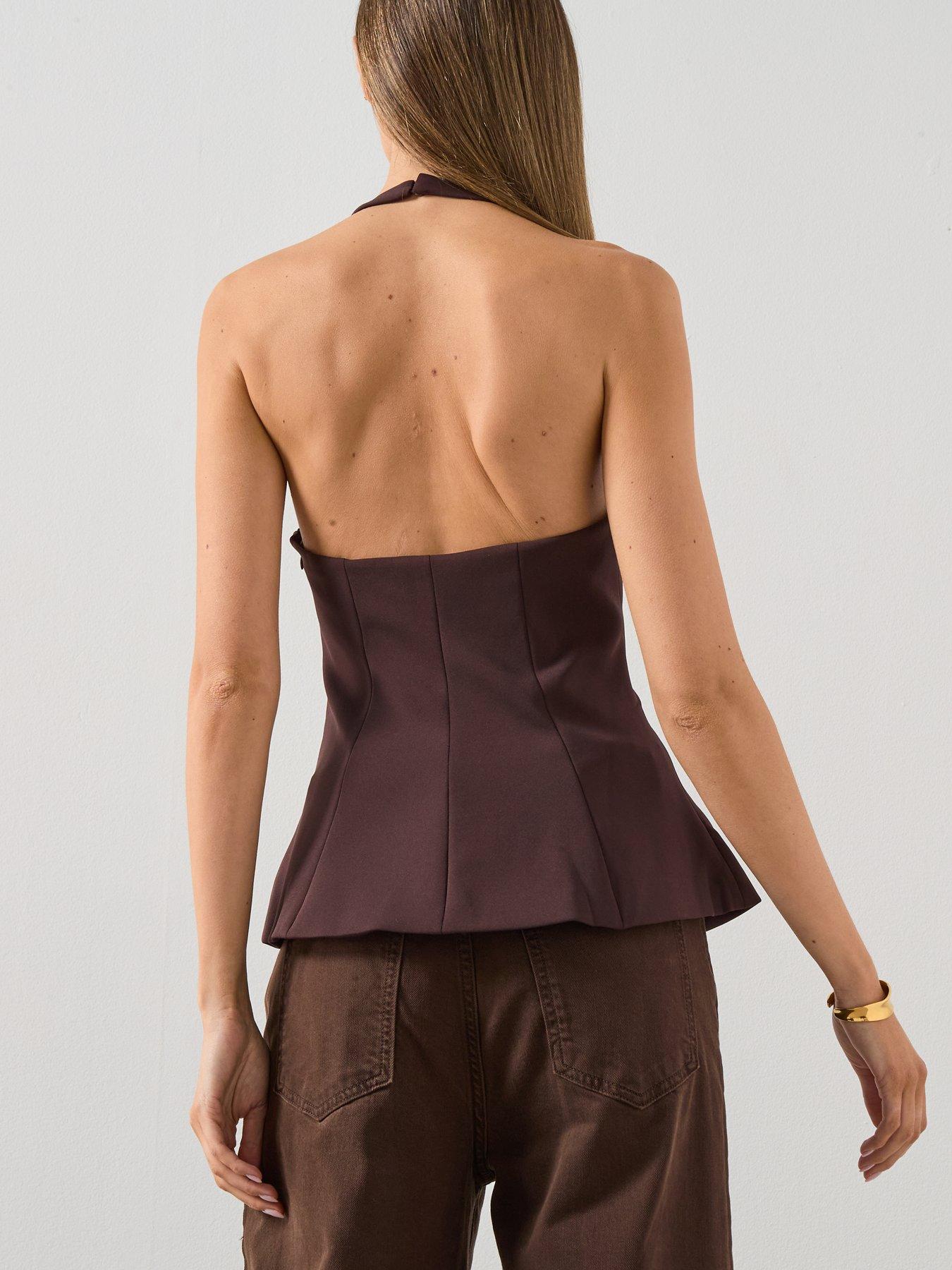  image of mango-halterneck-peplum-top-brown