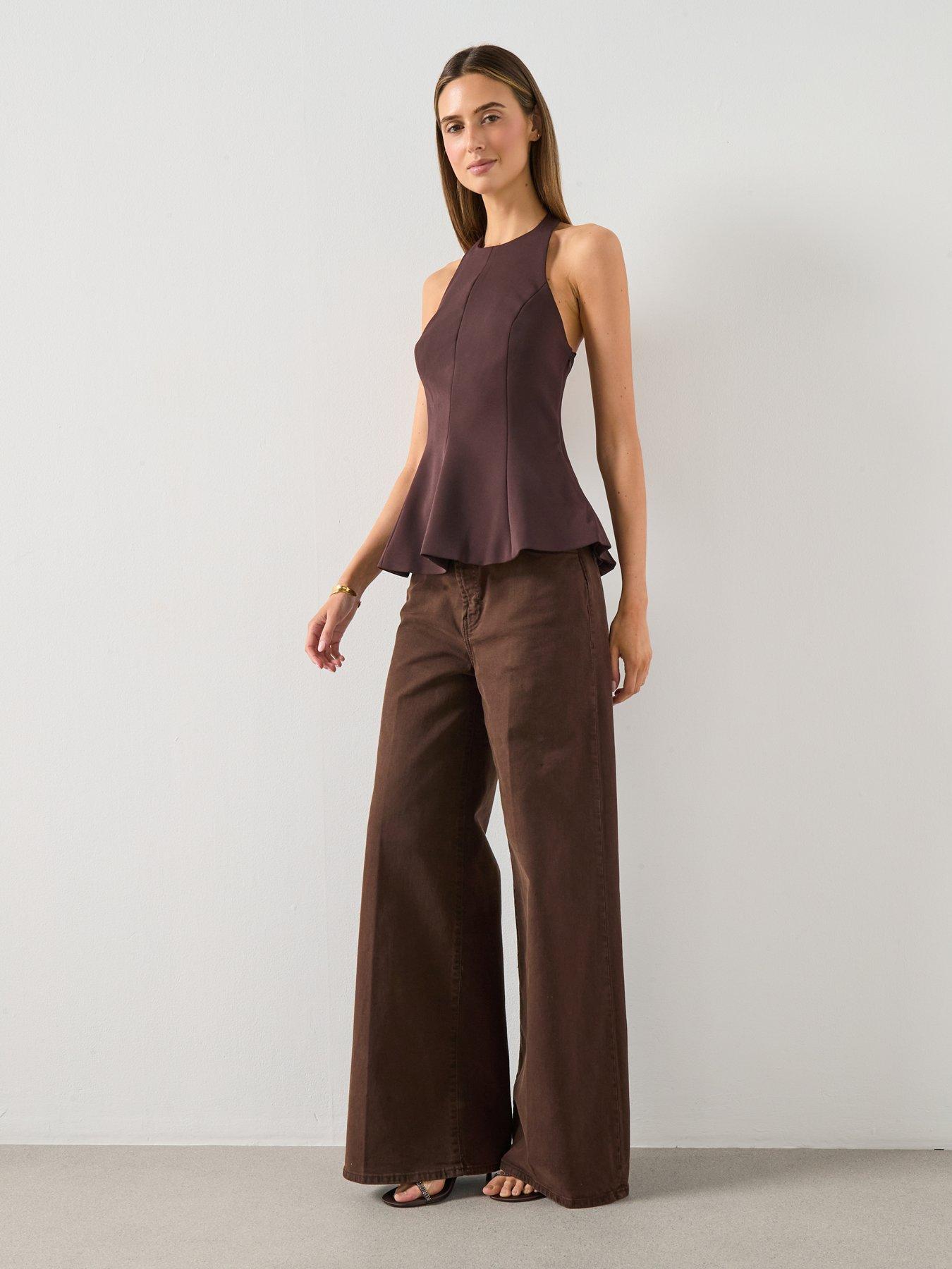  image of mango-halterneck-peplum-top-brown