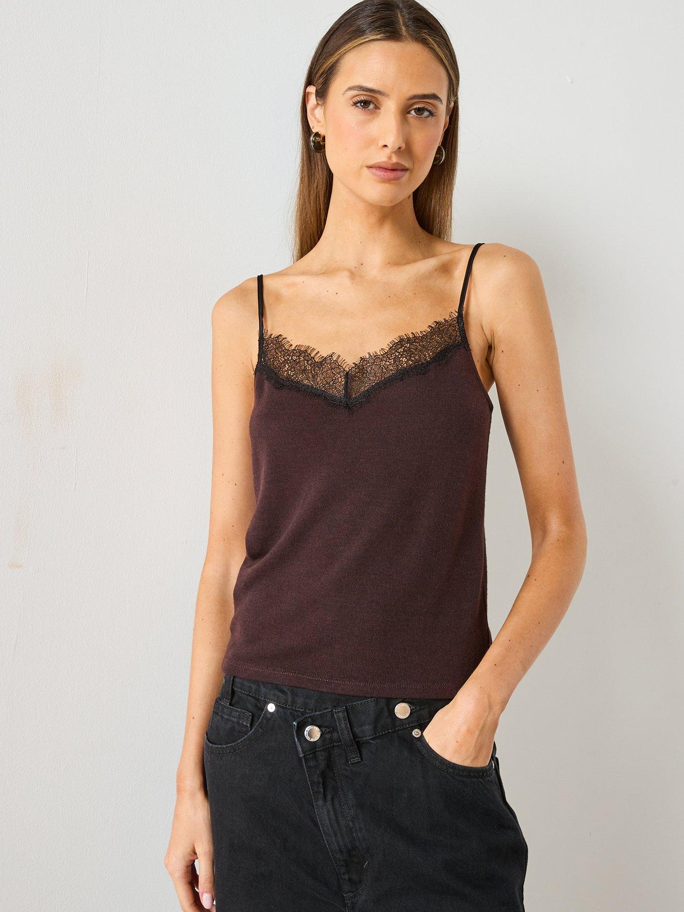  image of mango-knitted-lace-cami-top-burgundy
