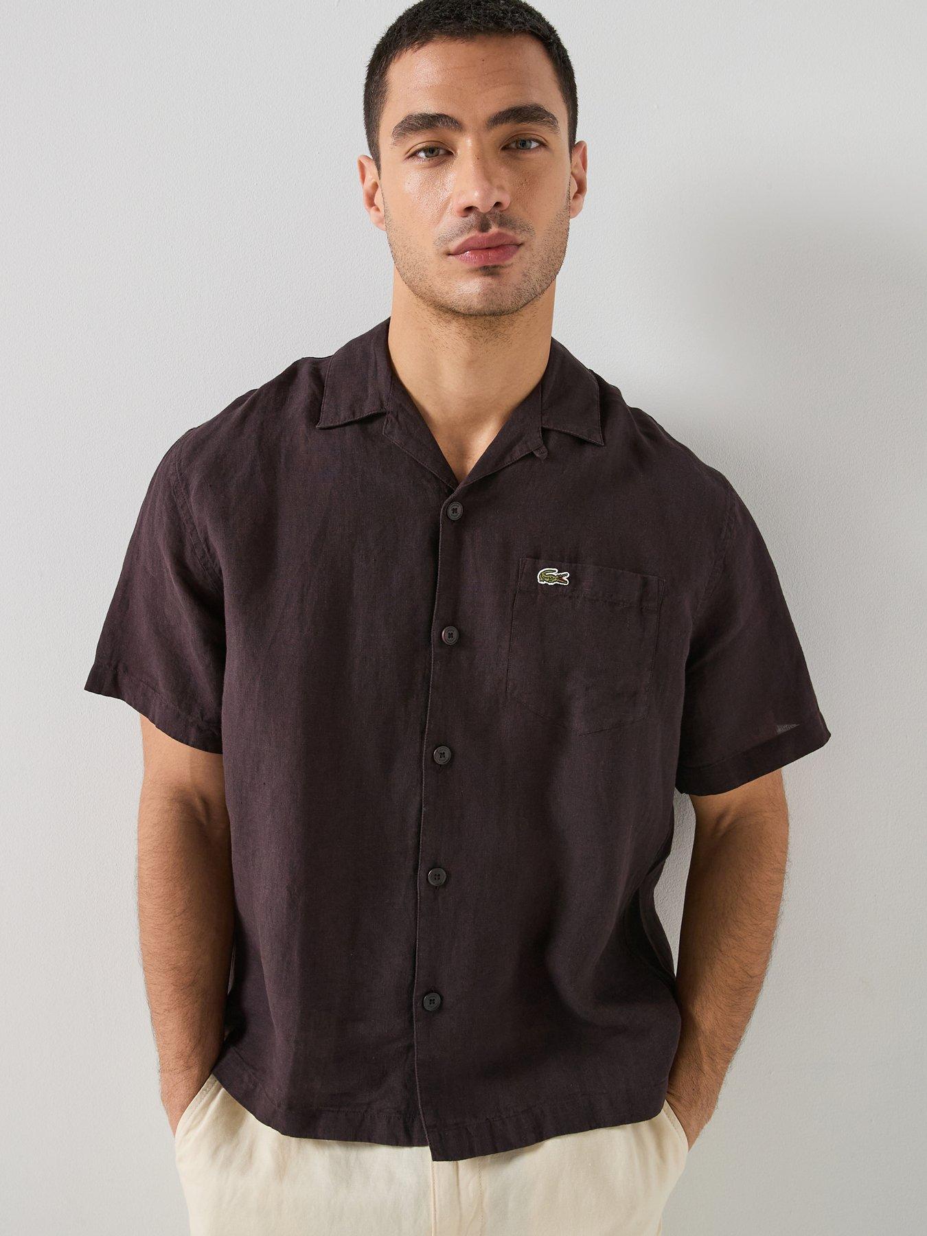 lacoste-open-collar-linen-short-sleeve-relaxed-shirt-brown