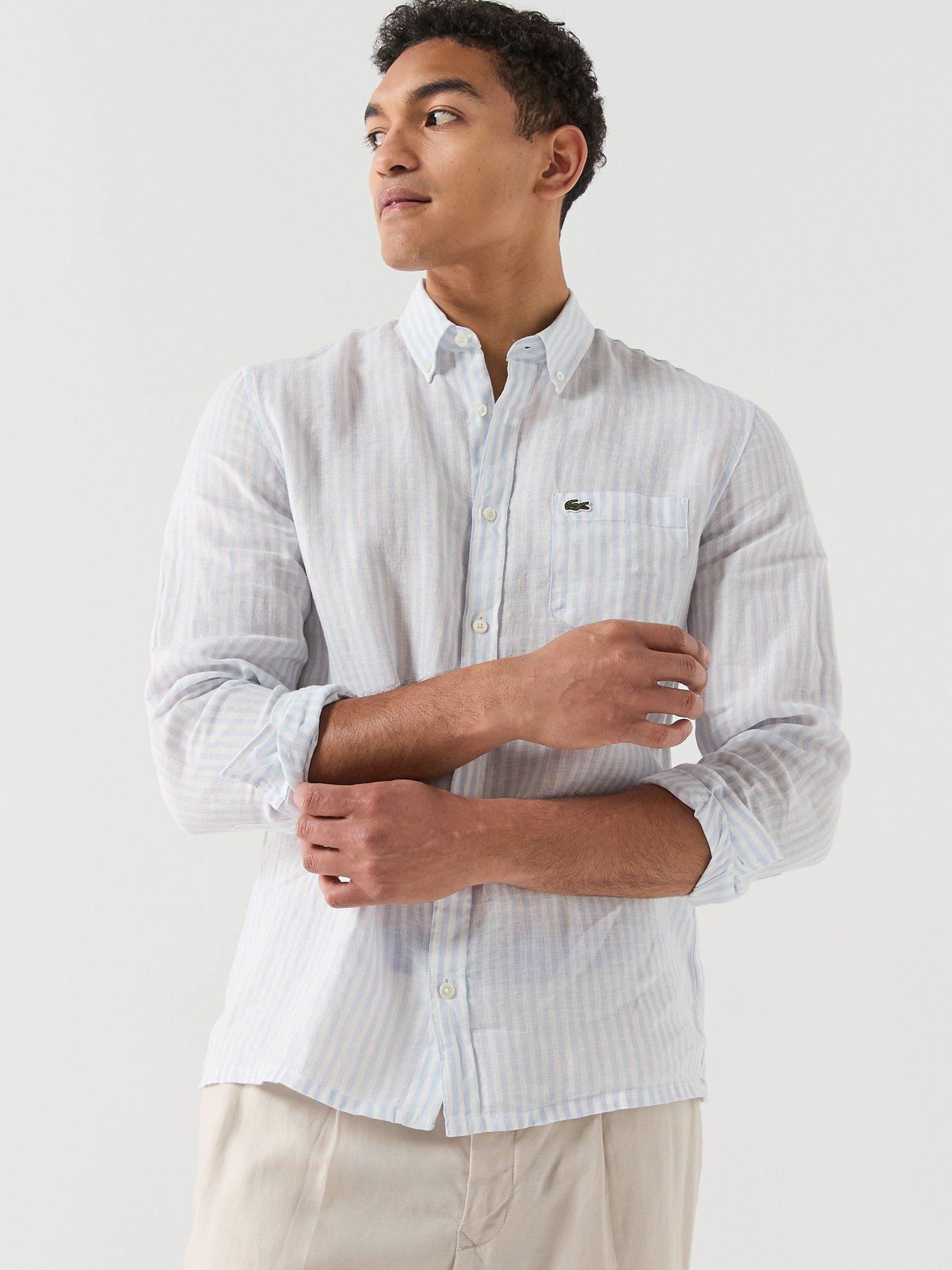  image of lacoste-regular-fit-striped-linen-shirt-blue