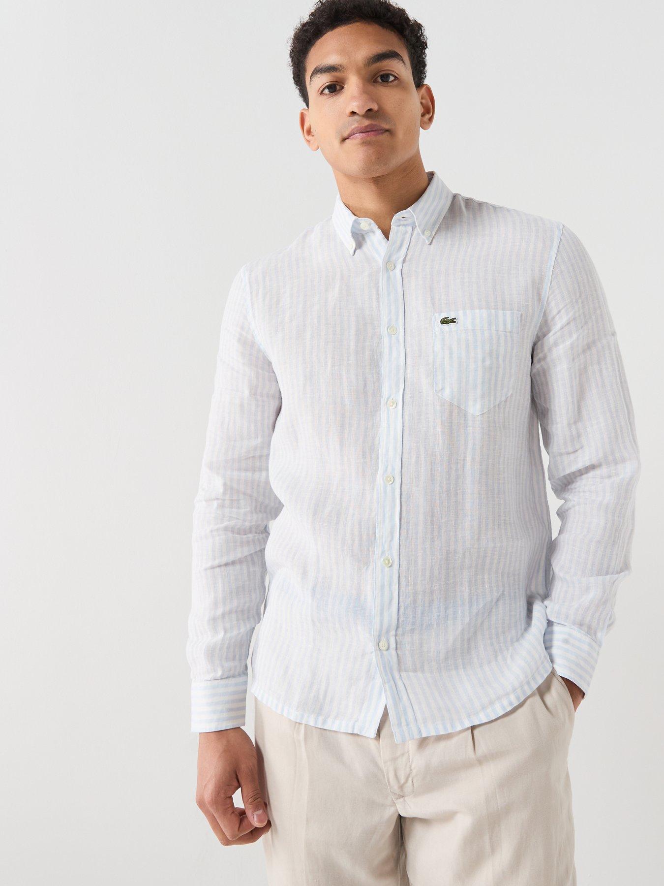  image of lacoste-regular-fit-striped-linen-shirt-blue