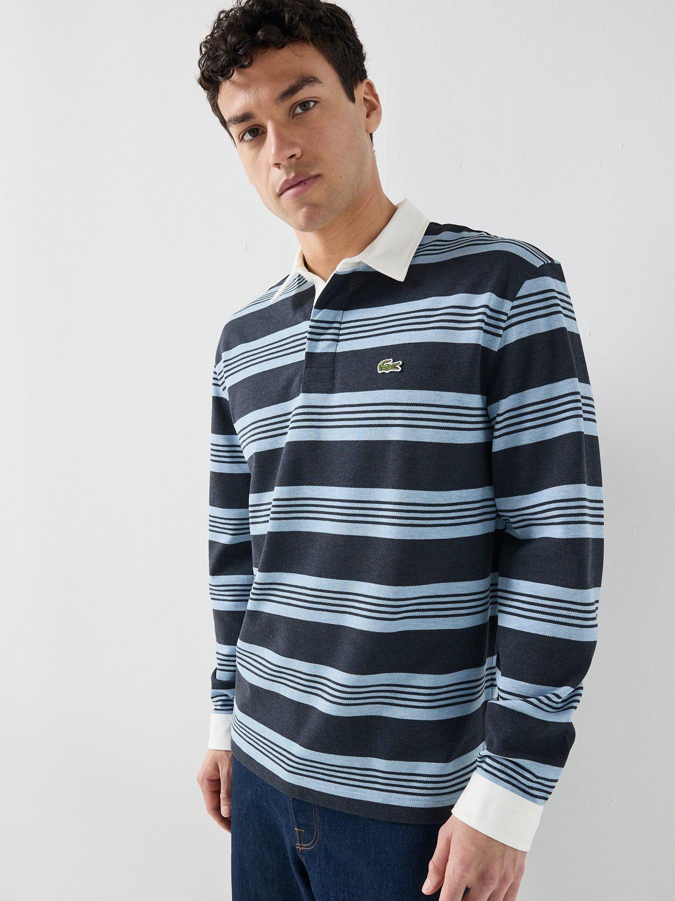 Lacoste Classic Fit Marble Stripe Pique Rugby Polo Shirt- Navy
