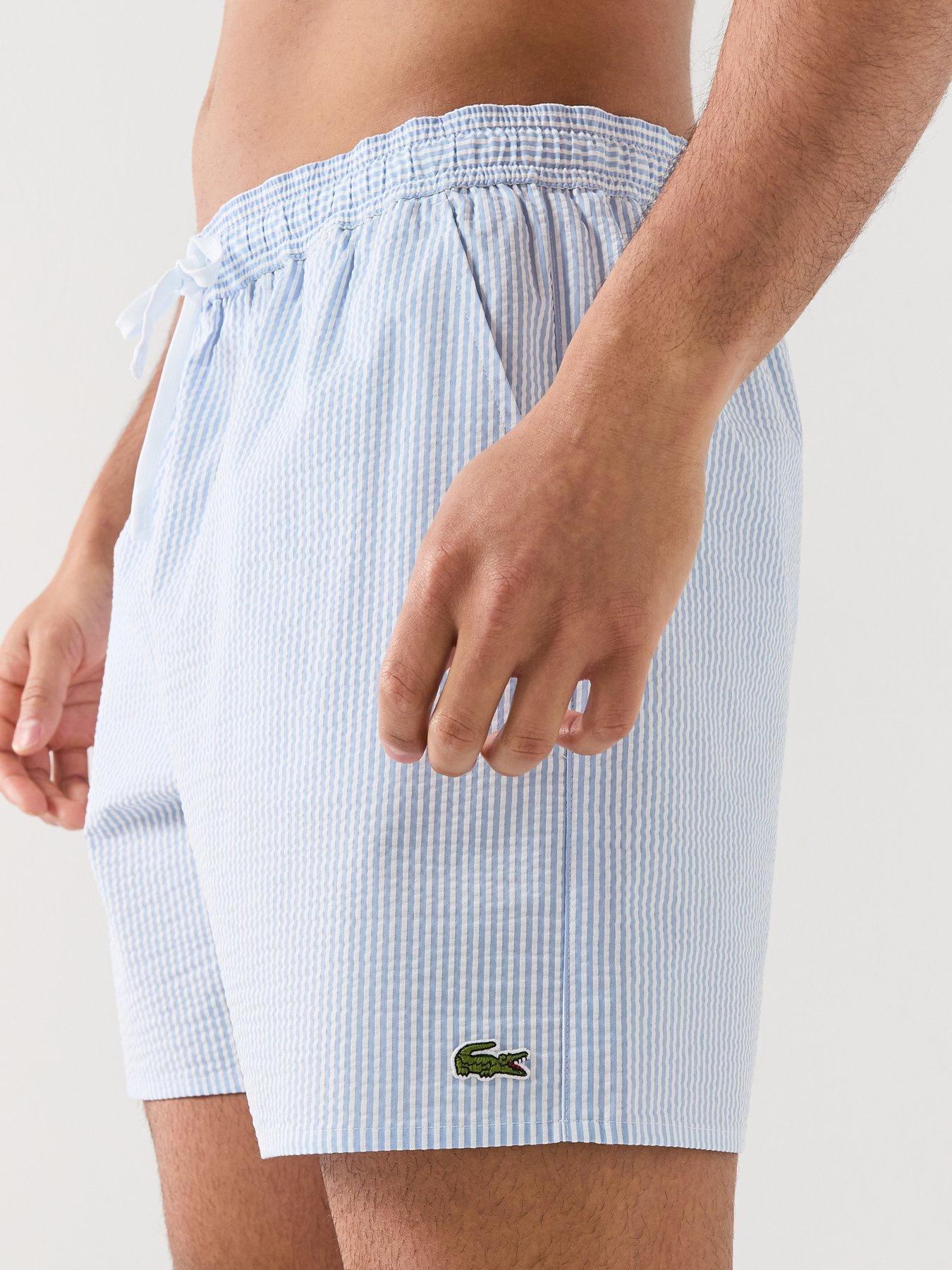 Image 4 of 5 of Lacoste Mid Length Striped Swim Trunks - Blue