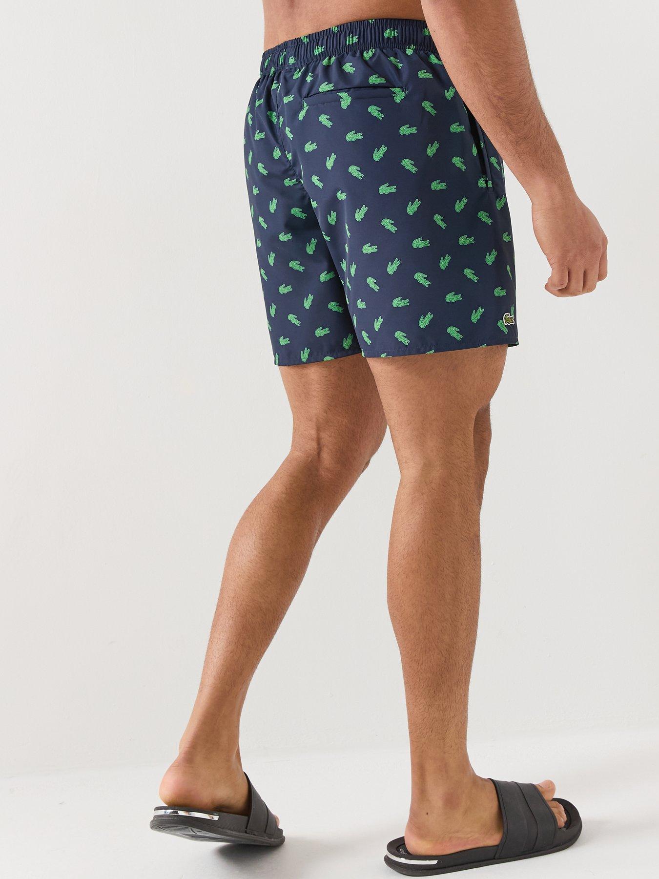 Image 2 of 4 of Lacoste Mid Length Crocodile Print Swim Trunks - Navy
