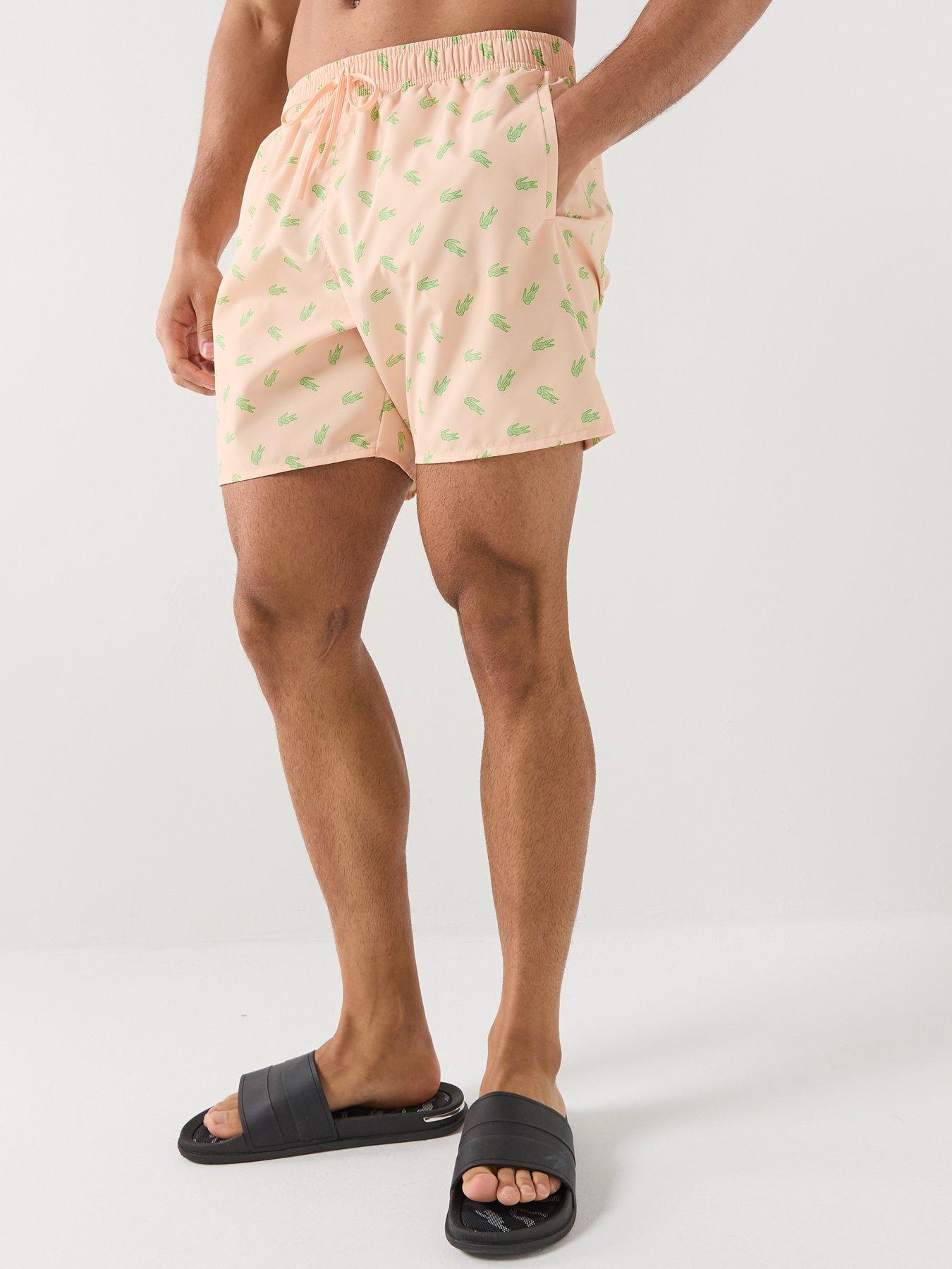 Image 1 of 4 of Lacoste Mid Length Crocodile Print Swim Trunks - Orange