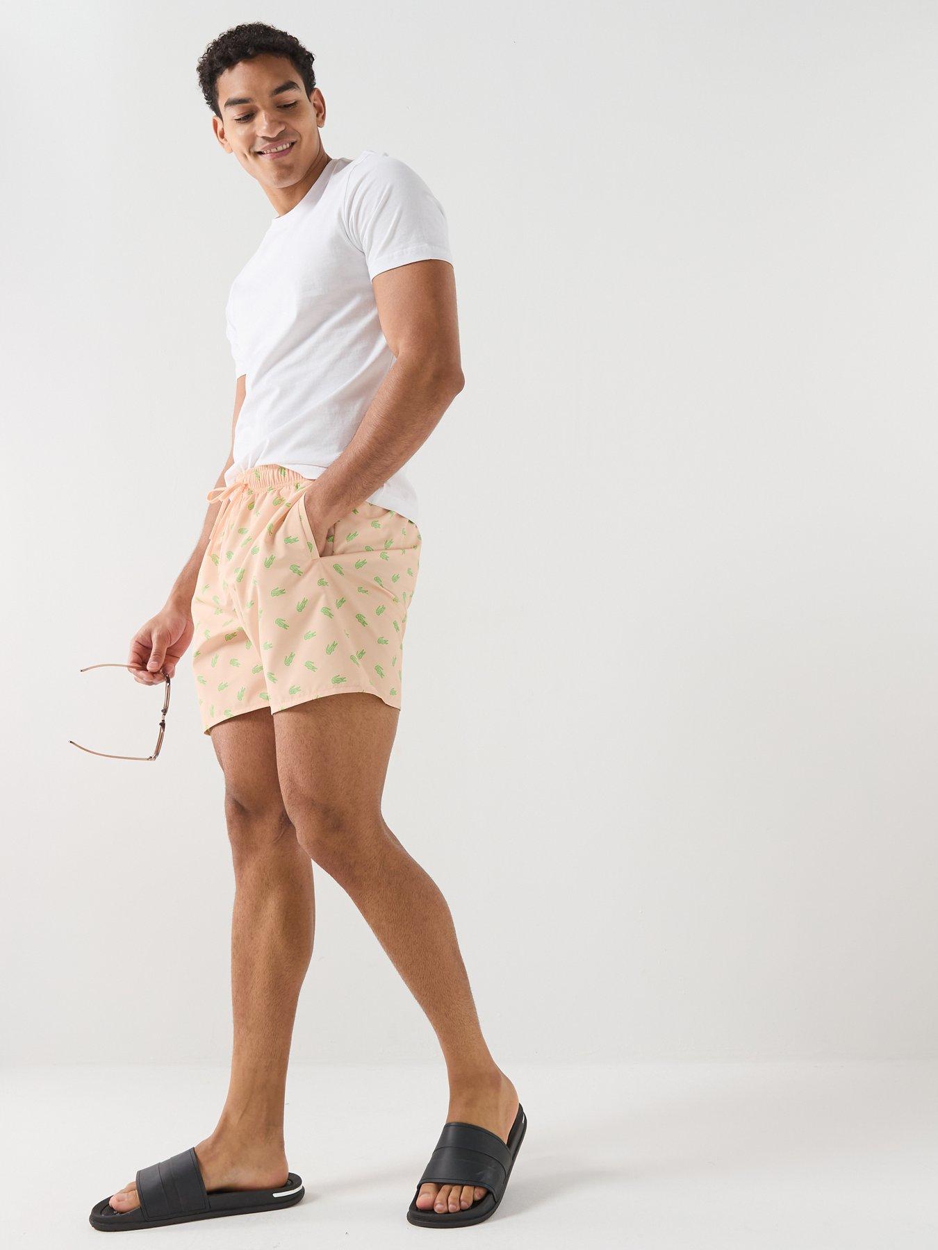 Image 3 of 4 of Lacoste Mid Length Crocodile Print Swim Trunks - Orange