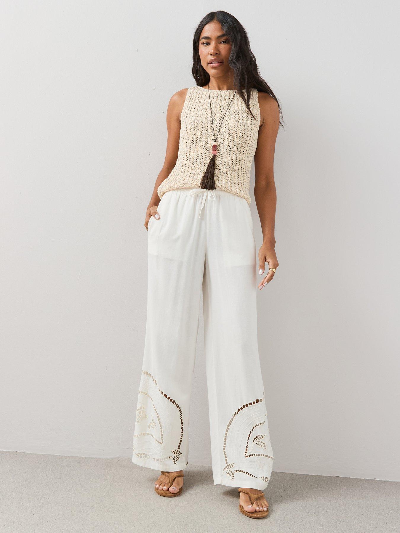 The Very Collection Crochet Detail Wide Leg Trousers - White