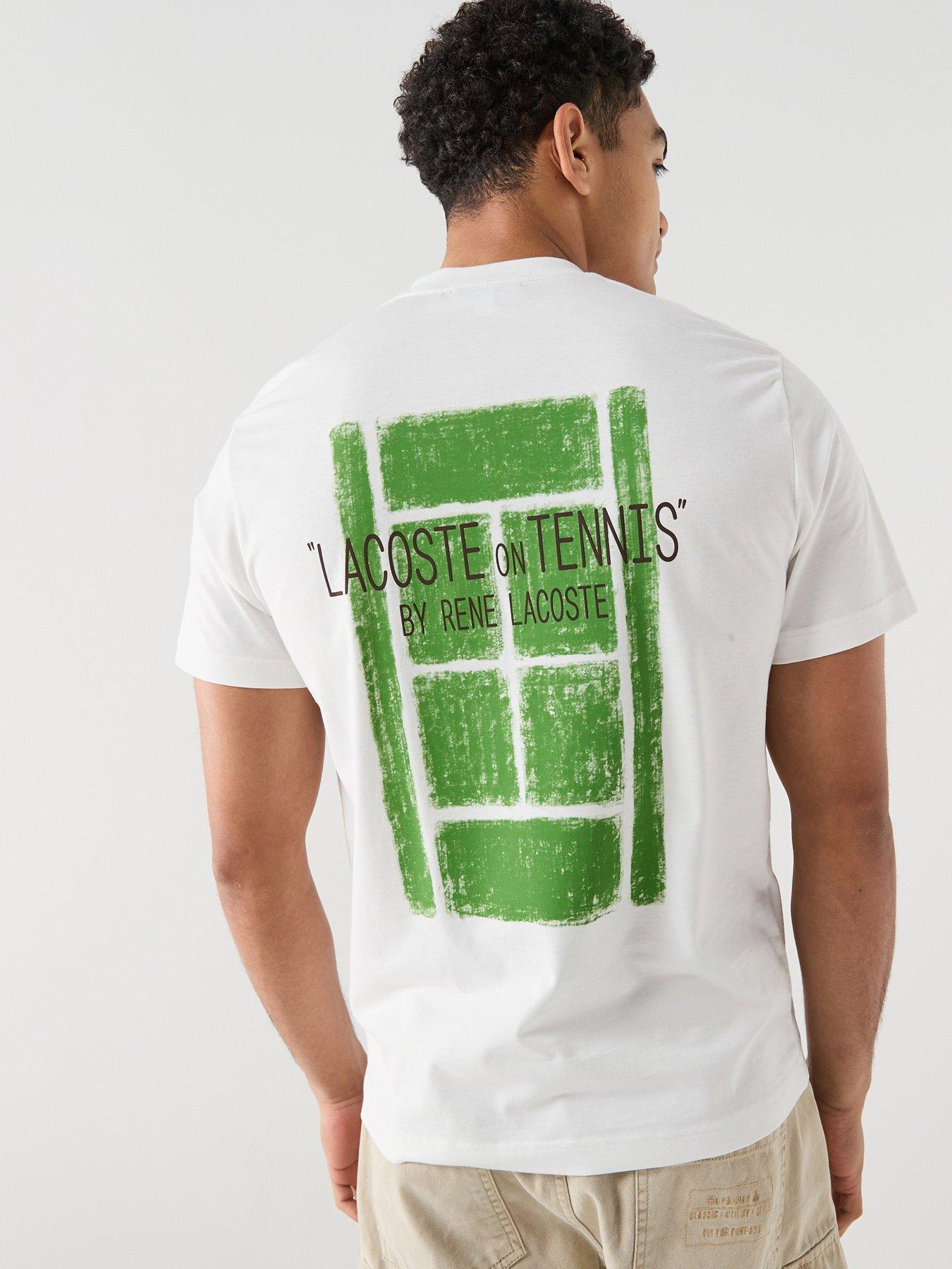 Image 1 of 6 of Lacoste Classic Fit Back Print Tennis Court Cotton T-Shirt&nbsp;- White