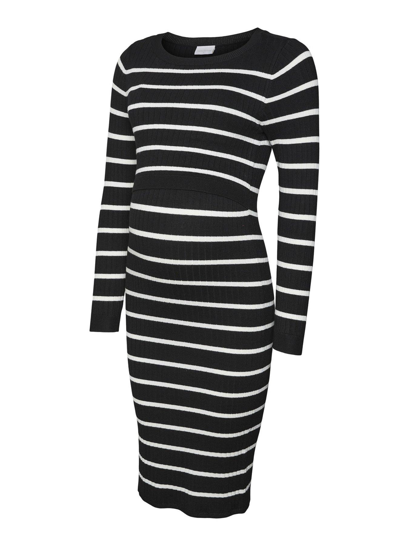  image of mamalicious-maternity-double-layer-ribbed-striped-dress-black