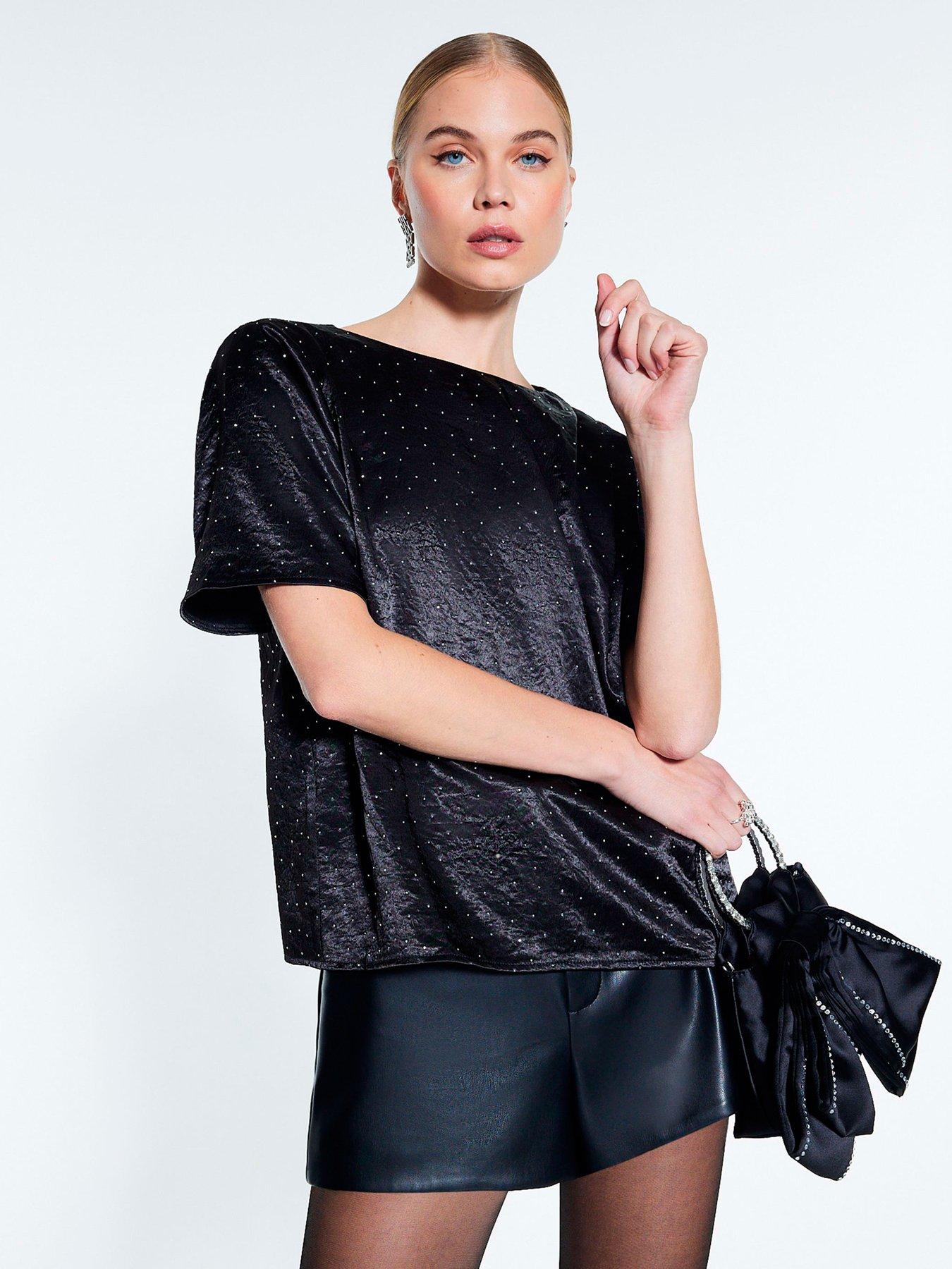 Image 1 of 4 of River Island Velvet Hotfix T-shirt - Black