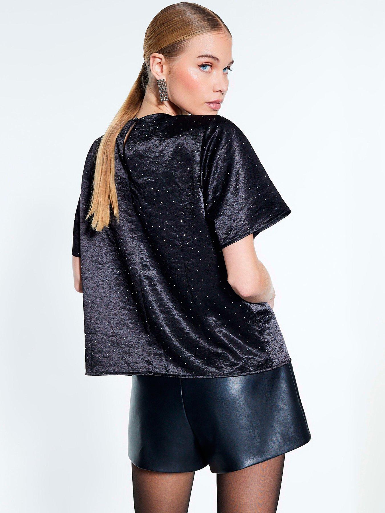 Image 2 of 4 of River Island Velvet Hotfix T-shirt - Black