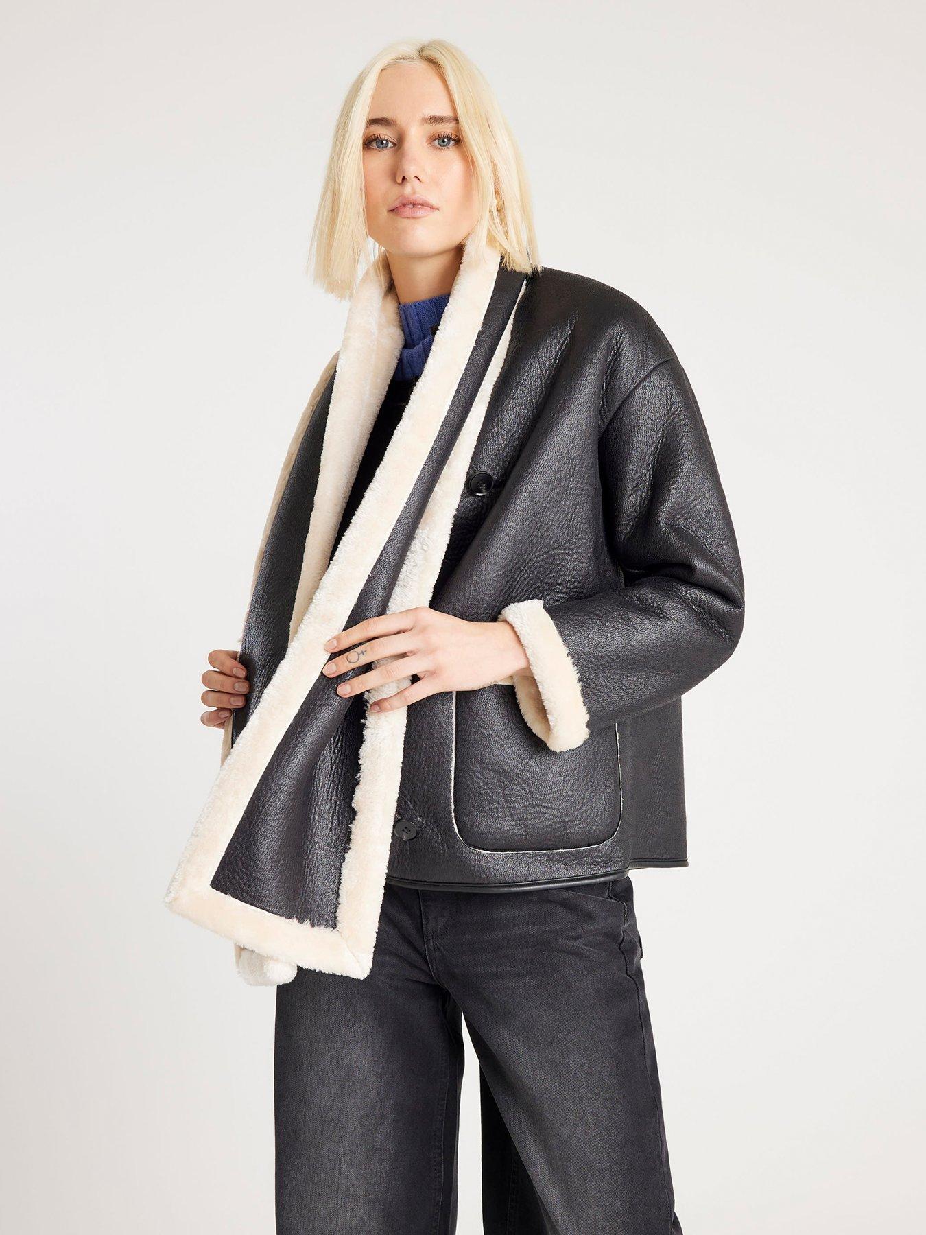 front image of river-island-scarf-detail-shearling-jacket-black