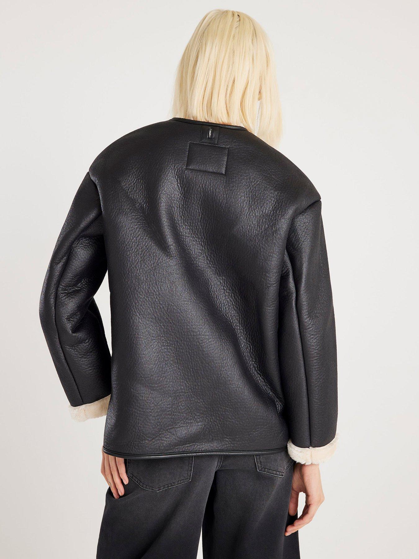  image of river-island-scarf-detail-shearling-jacket-black