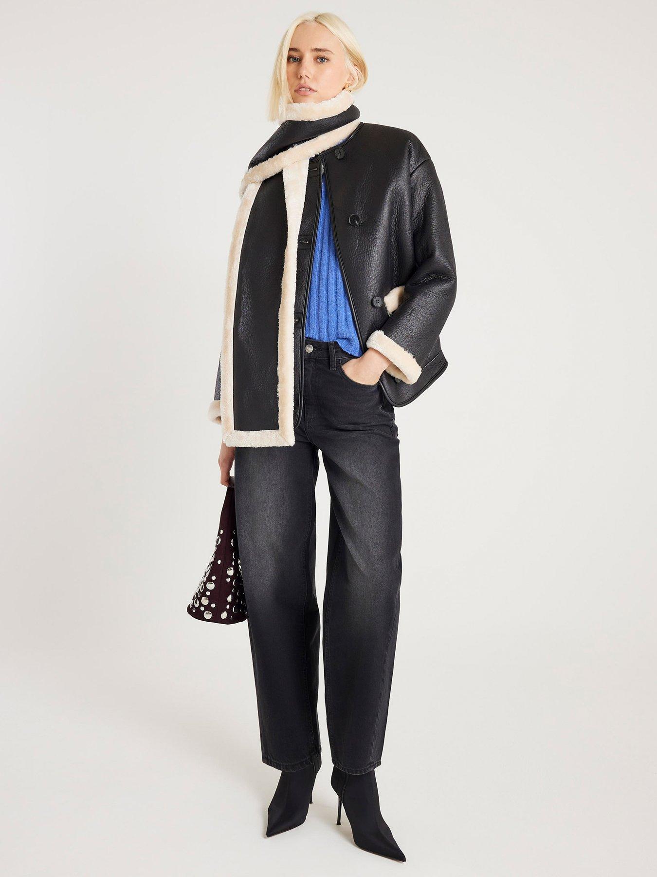  image of river-island-scarf-detail-shearling-jacket-black