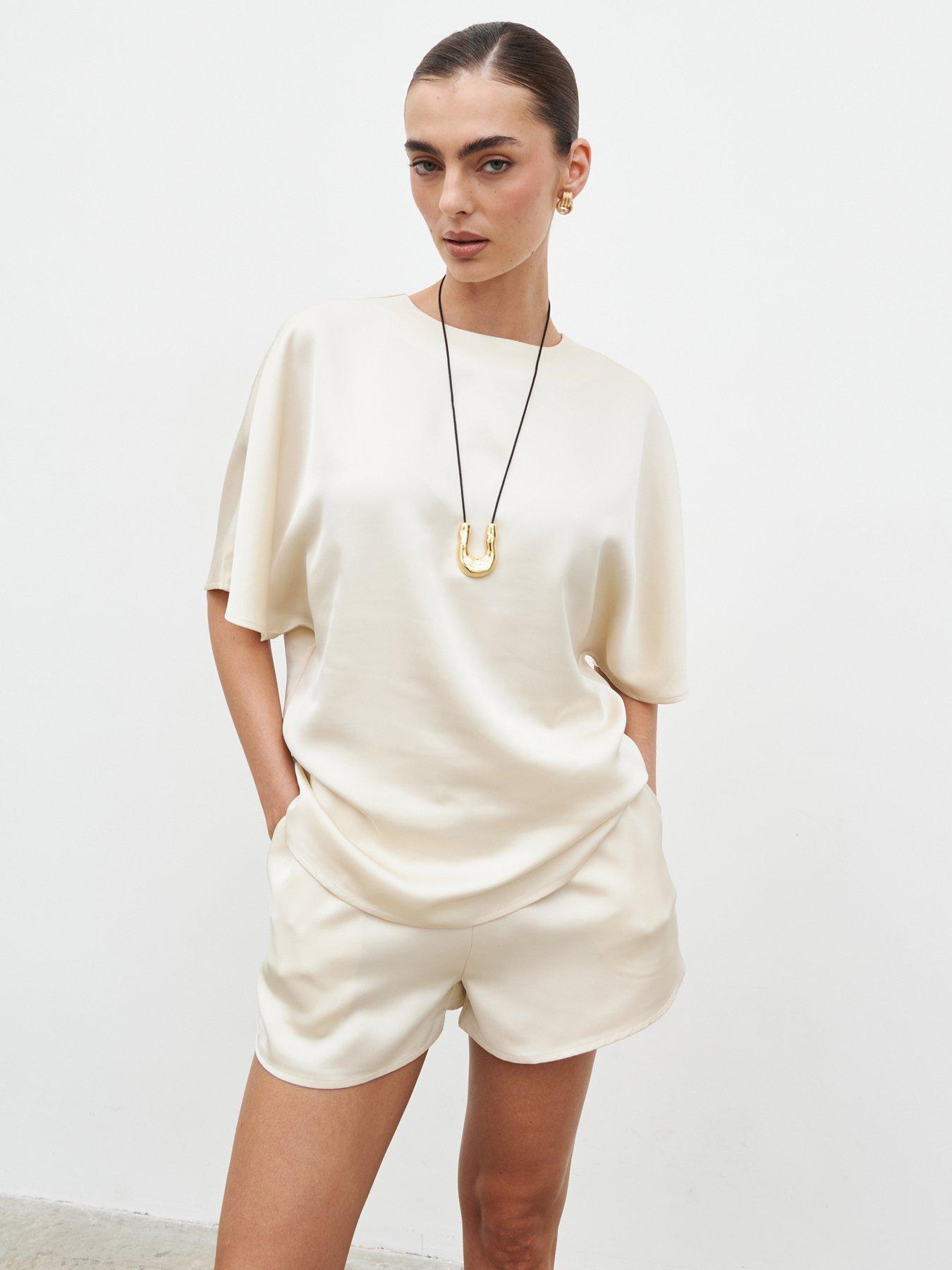 Image 1 of 2 of Pretty Lavish Breya Satin Drawstring Shorts - Cream