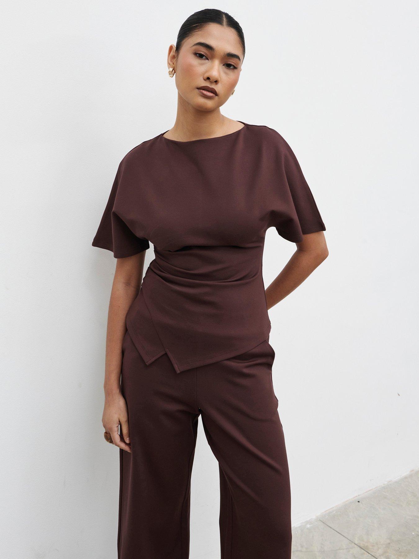Image 1 of 5 of Pretty Lavish Marni Pleated Jersey Top - Brown