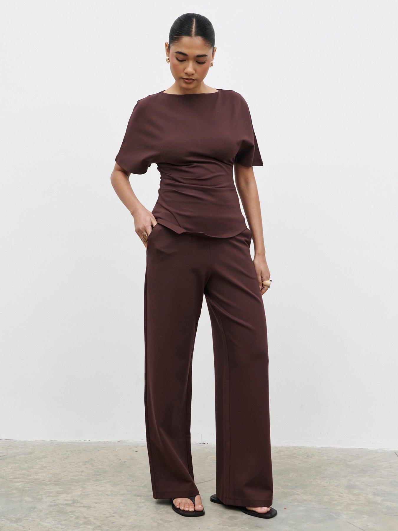 Image 4 of 5 of Pretty Lavish Marni Pleated Jersey Top - Brown