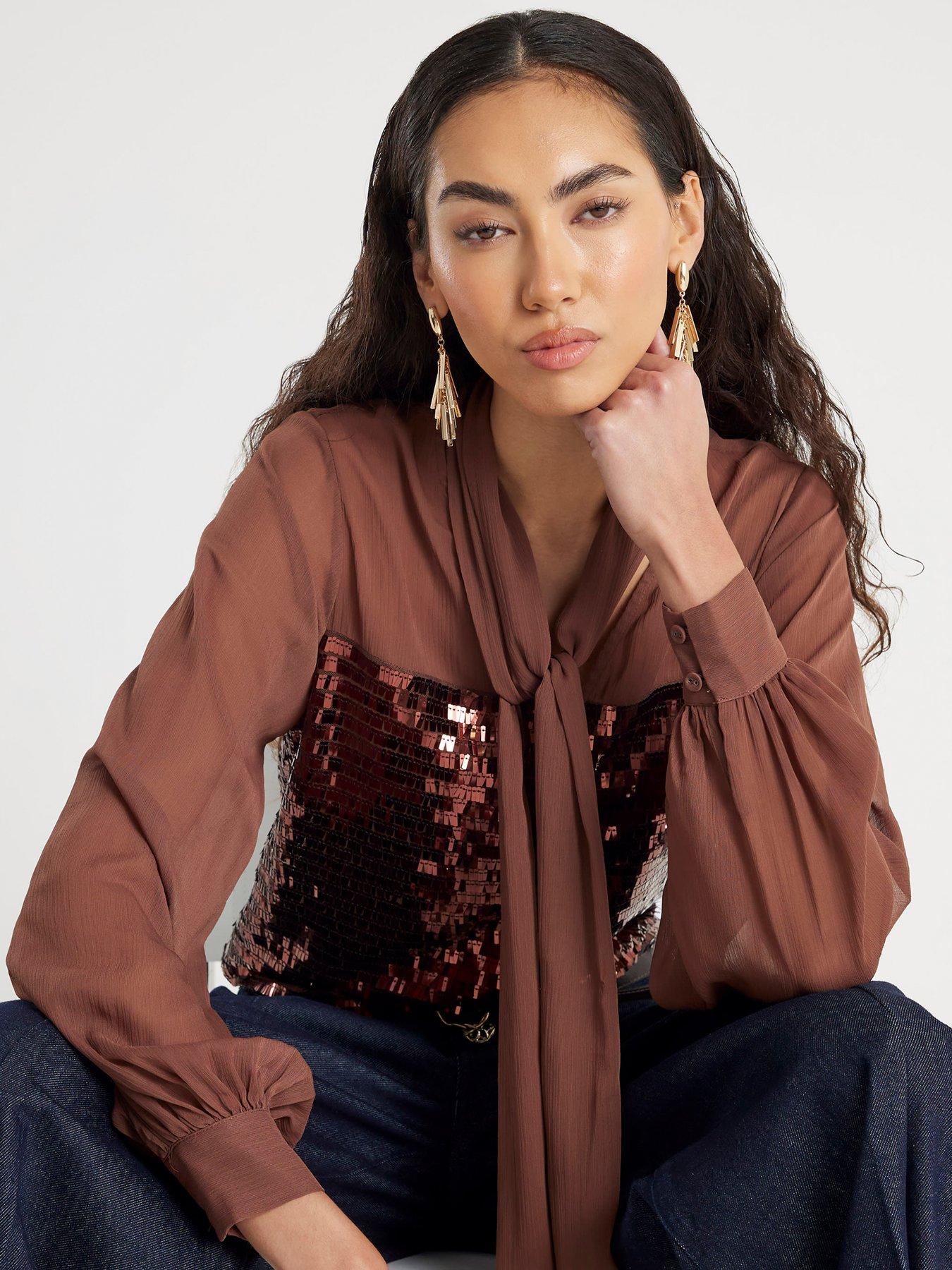 River Island Sequin Mix Pussybow Top - Brown