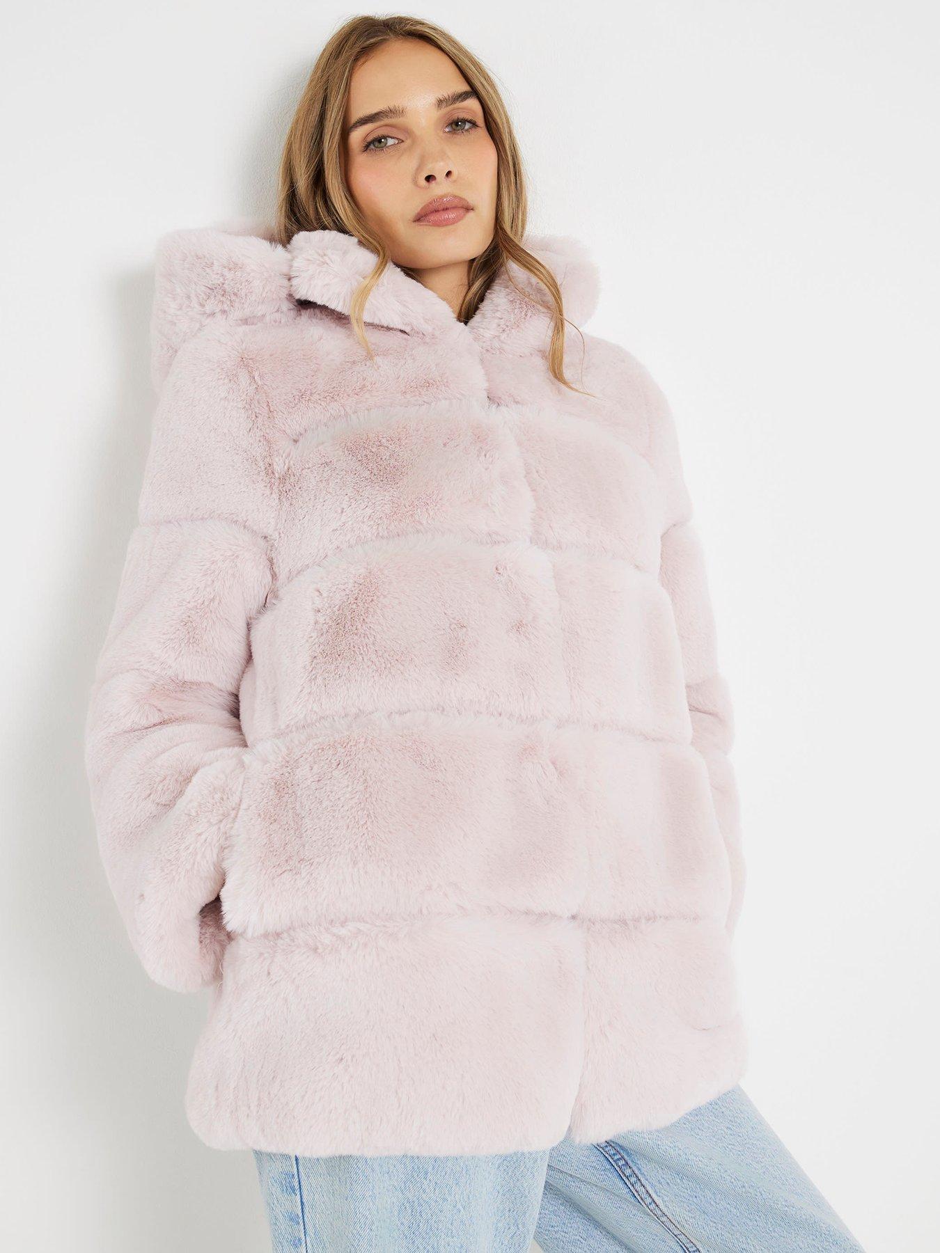 River Island Panelled Hooded Fur Coat - Pink