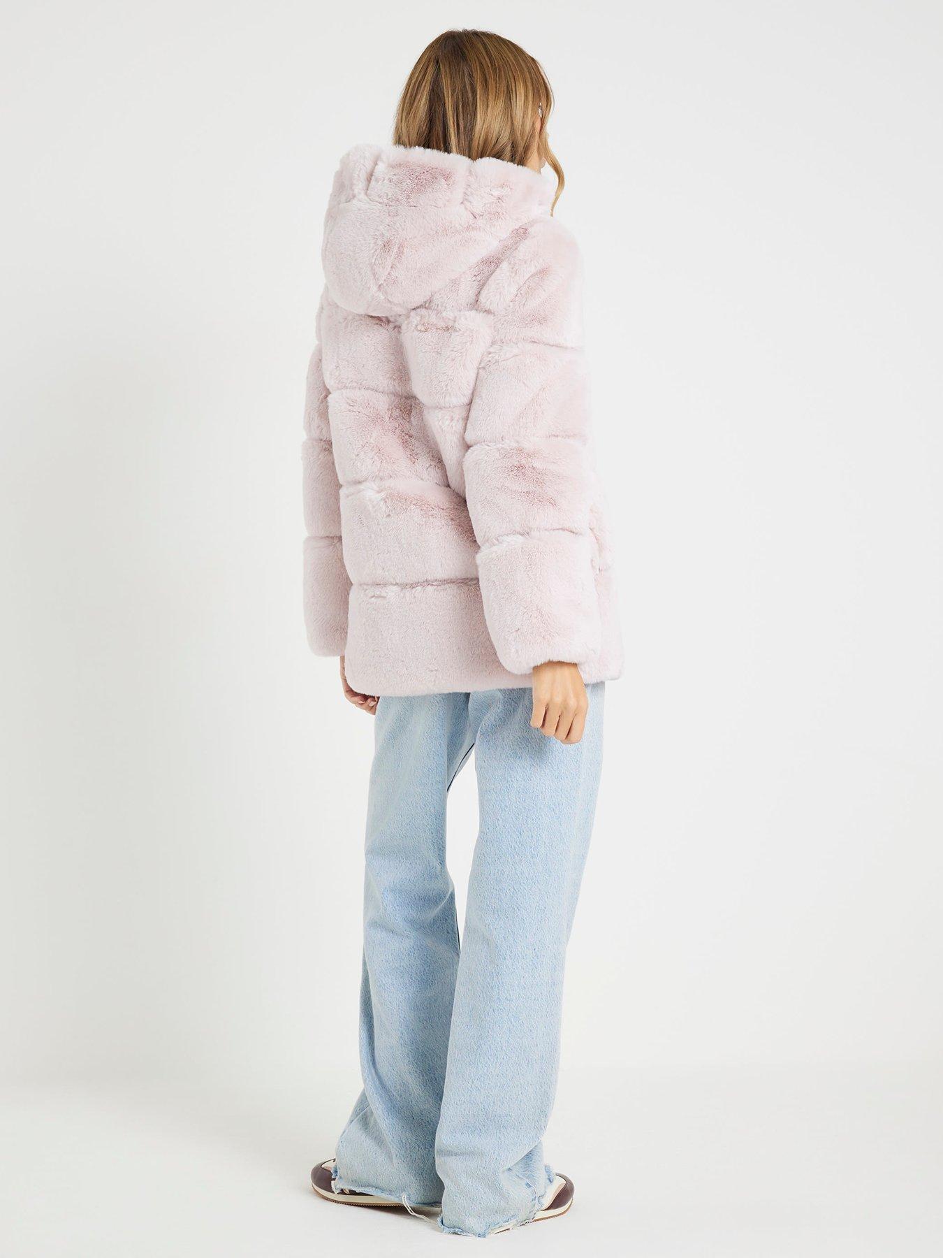  image of river-island-panelled-hooded-fur-coat-pink