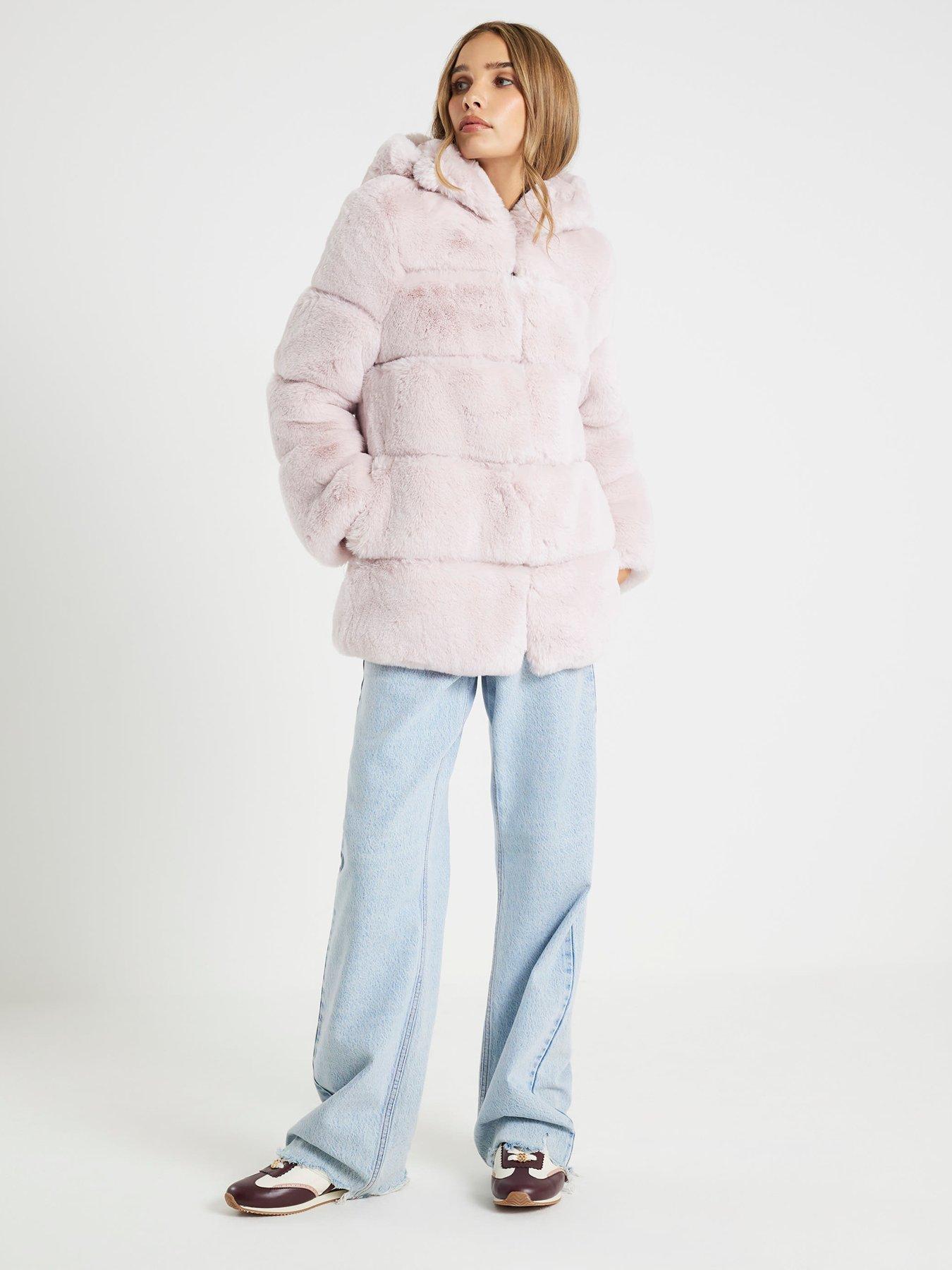  image of river-island-panelled-hooded-fur-coat-pink