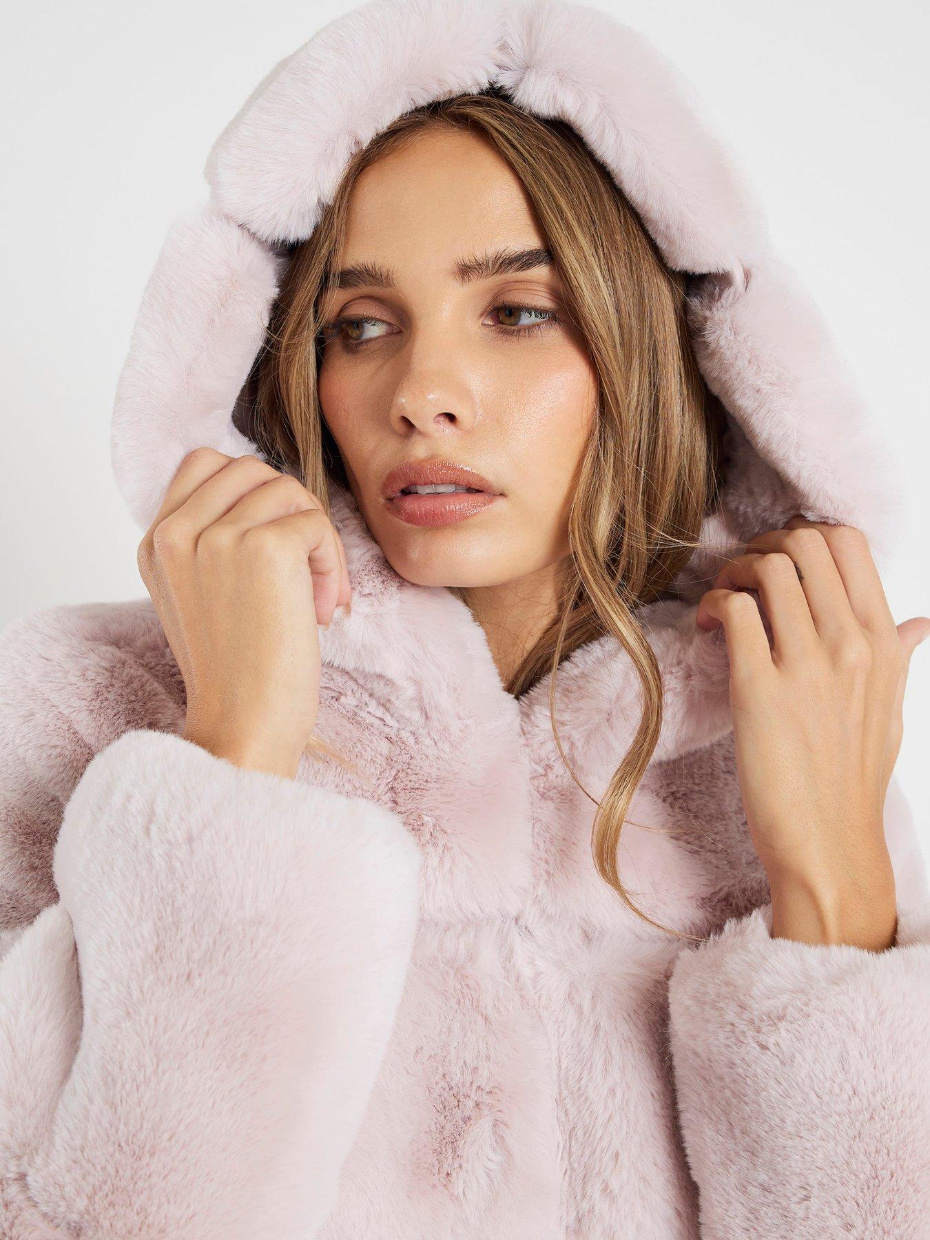  image of river-island-panelled-hooded-fur-coat-pink