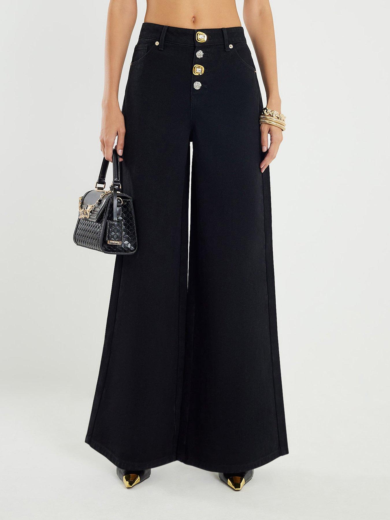 Image 1 of 4 of River Island Stitch Button Front Palazzo Jeans - Black