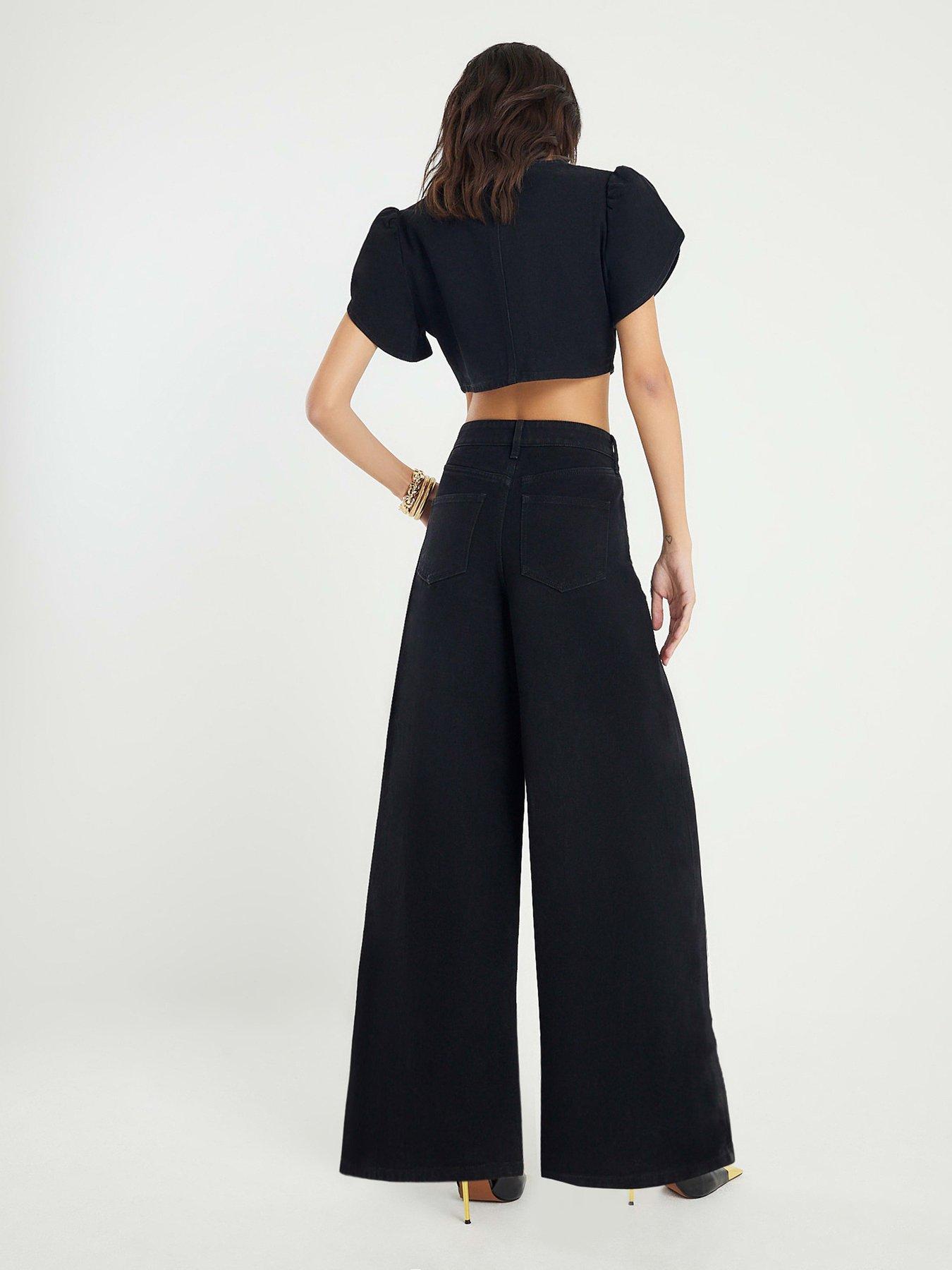 Image 2 of 4 of River Island Stitch Button Front Palazzo Jeans - Black