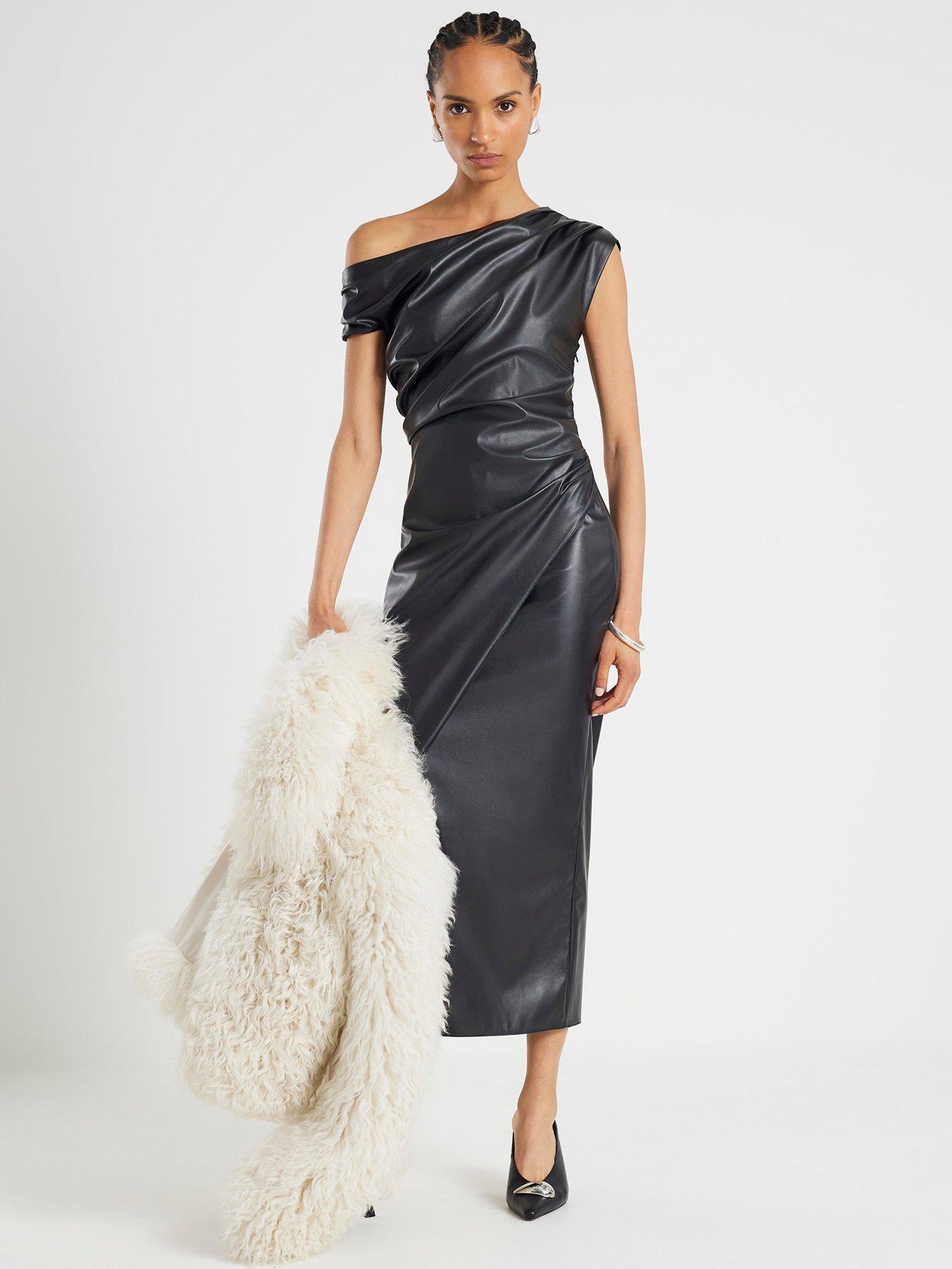  image of river-island-short-pu-drape-midi-dress-black