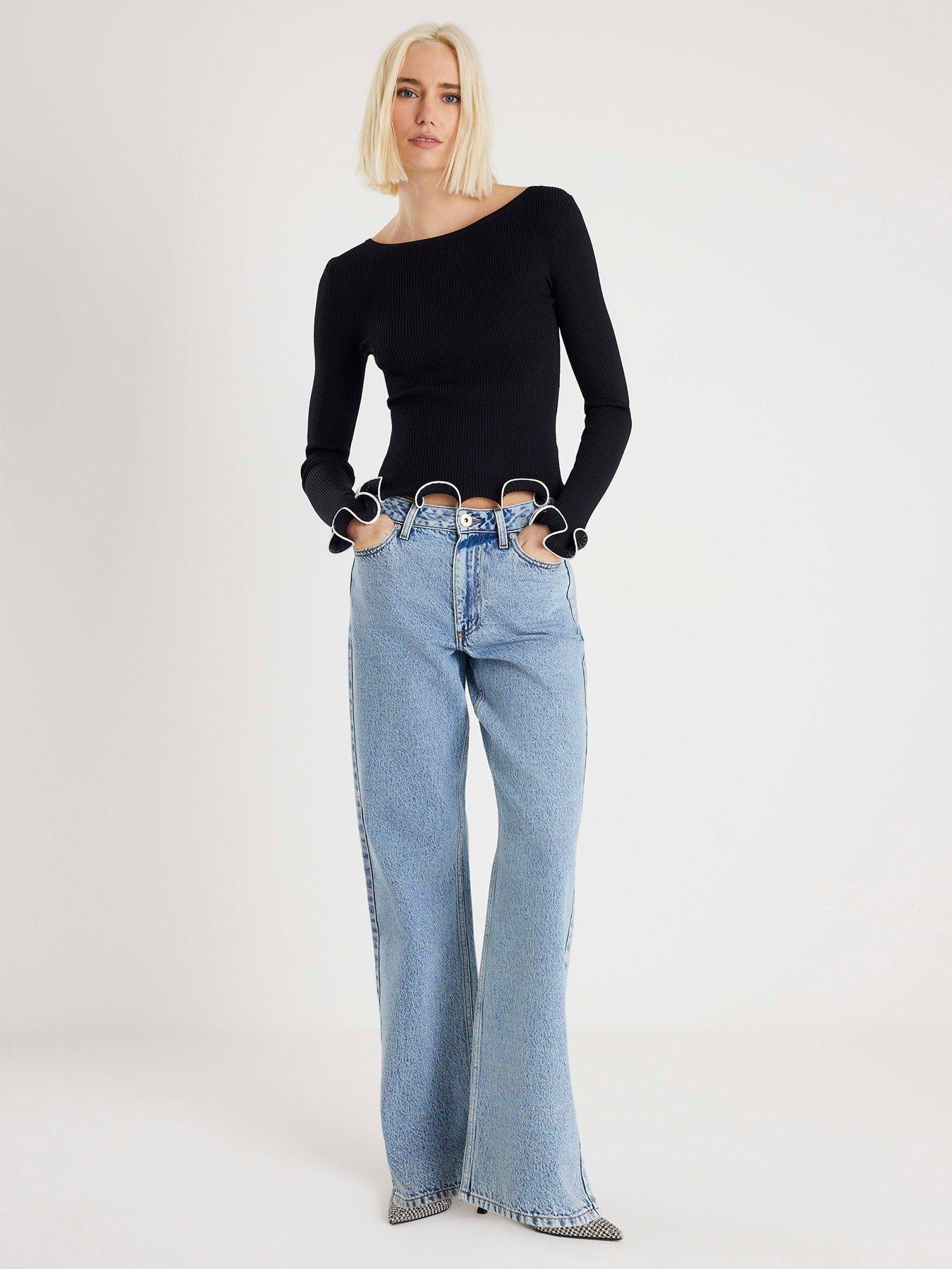  image of river-island-scallop-detail-long-sleeve-top-black