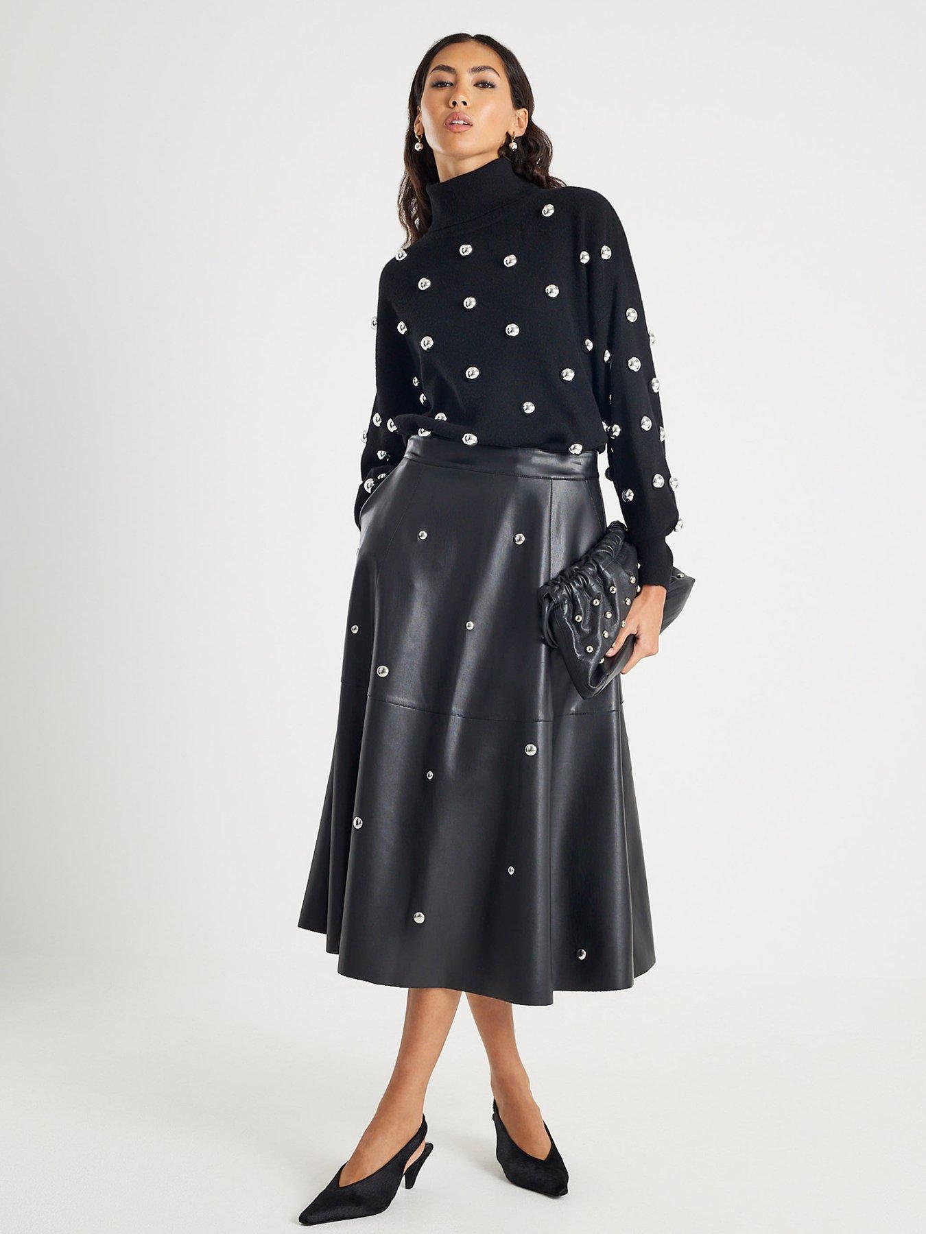 Image 1 of 4 of River Island Faux Leather Studded A line Midi Skirt - Black