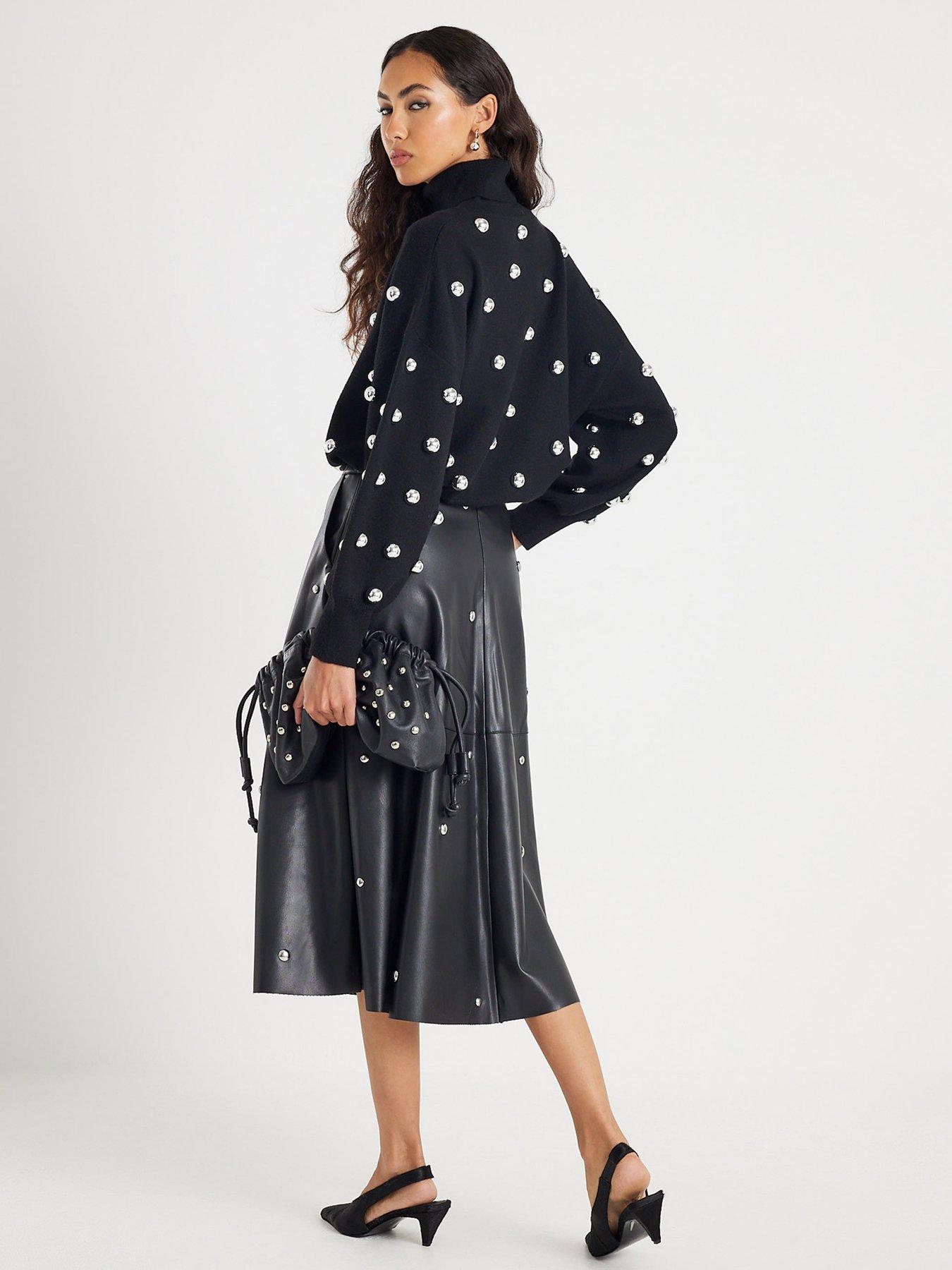 Image 2 of 4 of River Island Faux Leather Studded A line Midi Skirt - Black