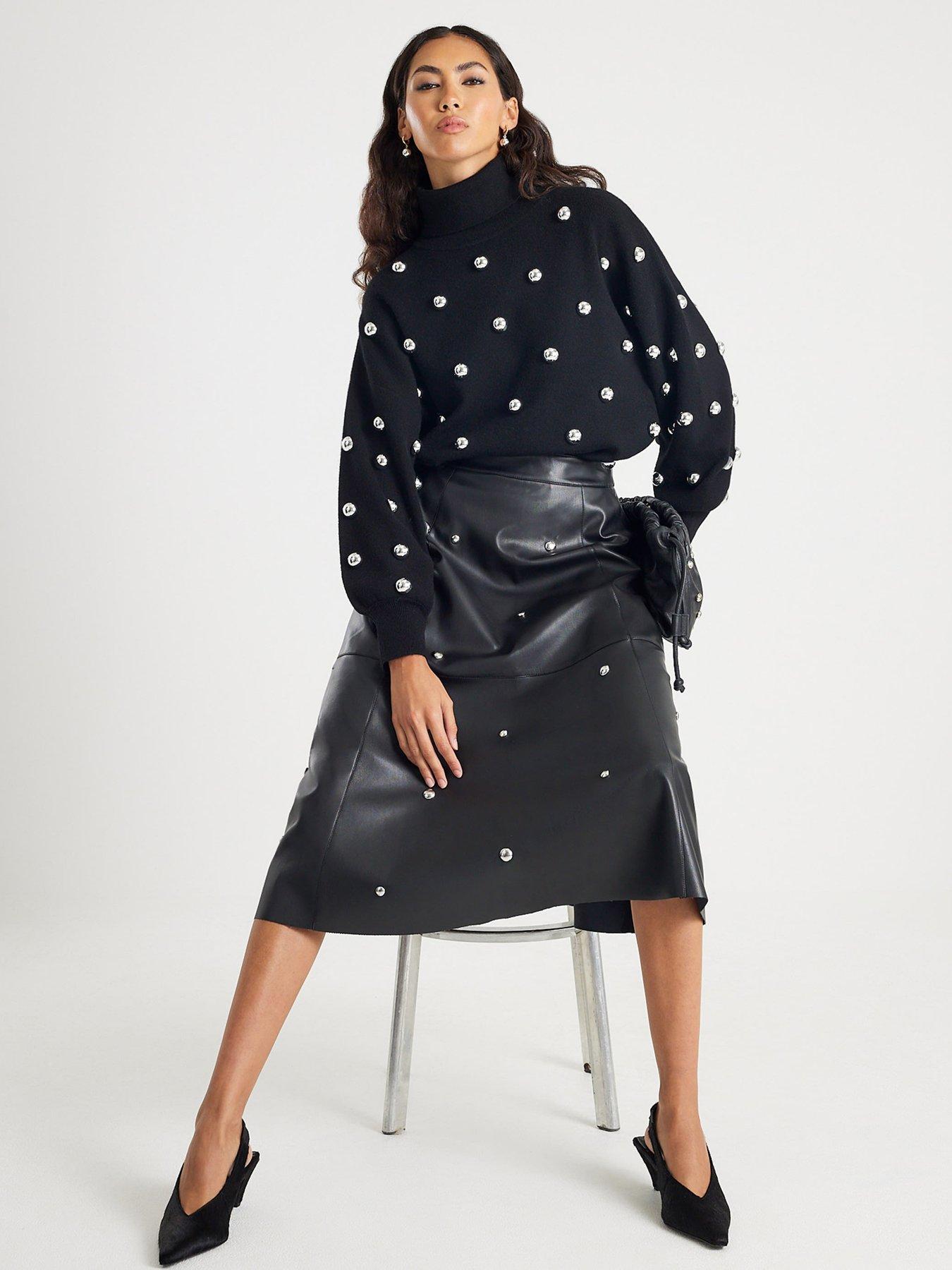 Image 4 of 4 of River Island Faux Leather Studded A line Midi Skirt - Black