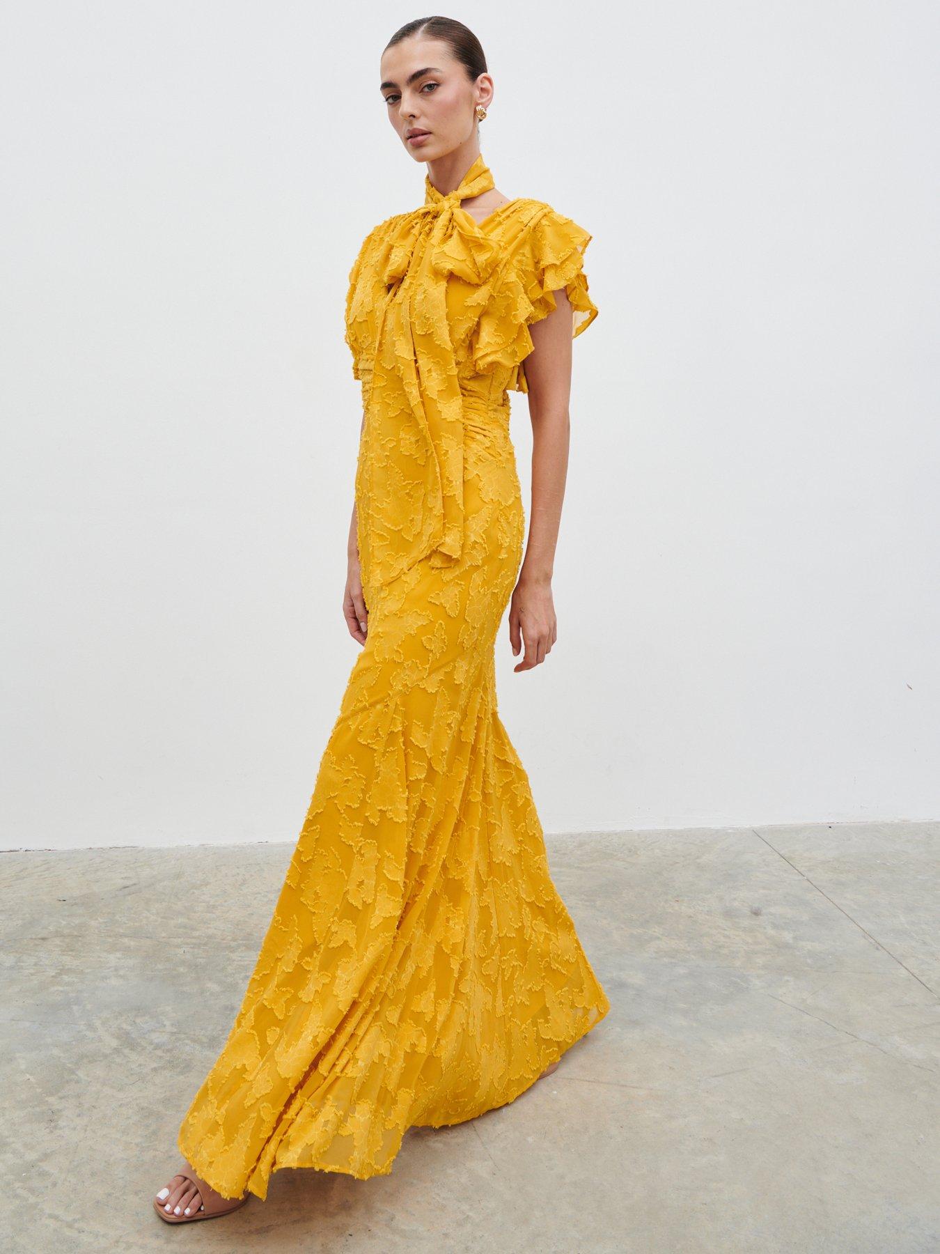 Image 2 of 3 of Pretty Lavish Katelynn Frill Jacquard Maxi Dress - Yellow