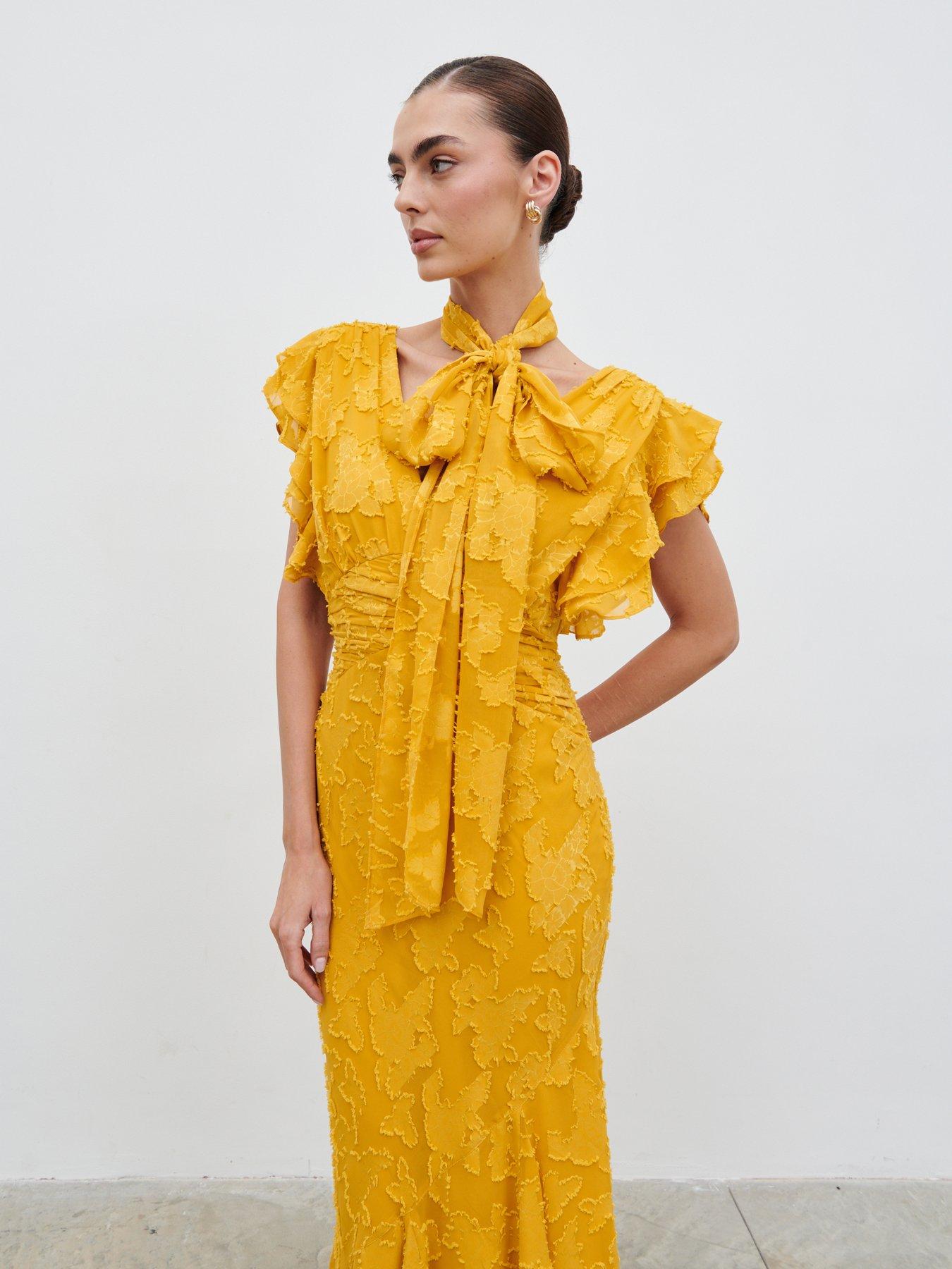 Image 3 of 3 of Pretty Lavish Katelynn Frill Jacquard Maxi Dress - Yellow