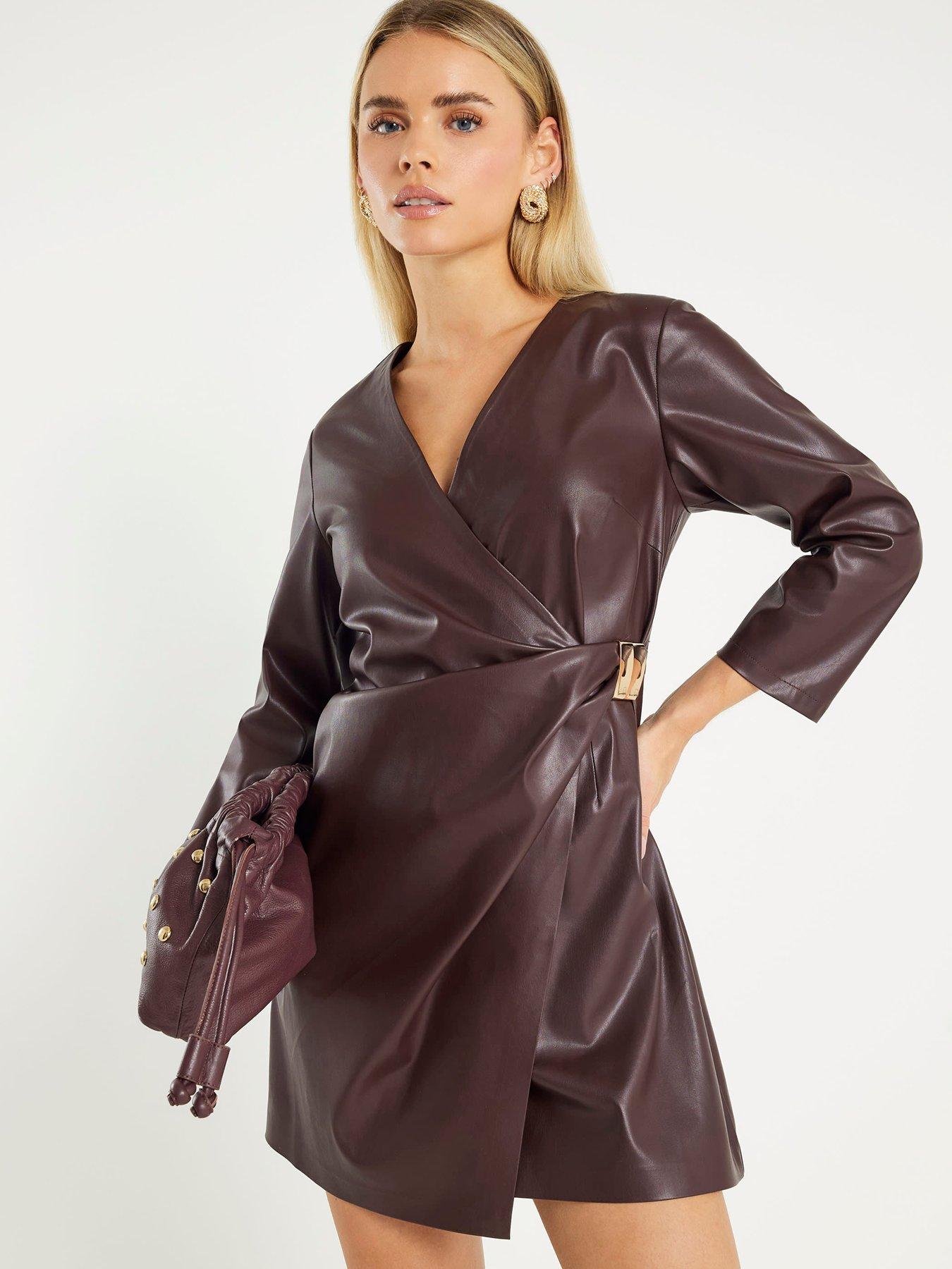 front image of river-island-petite-trim-detail-pu-wrap-dress-red