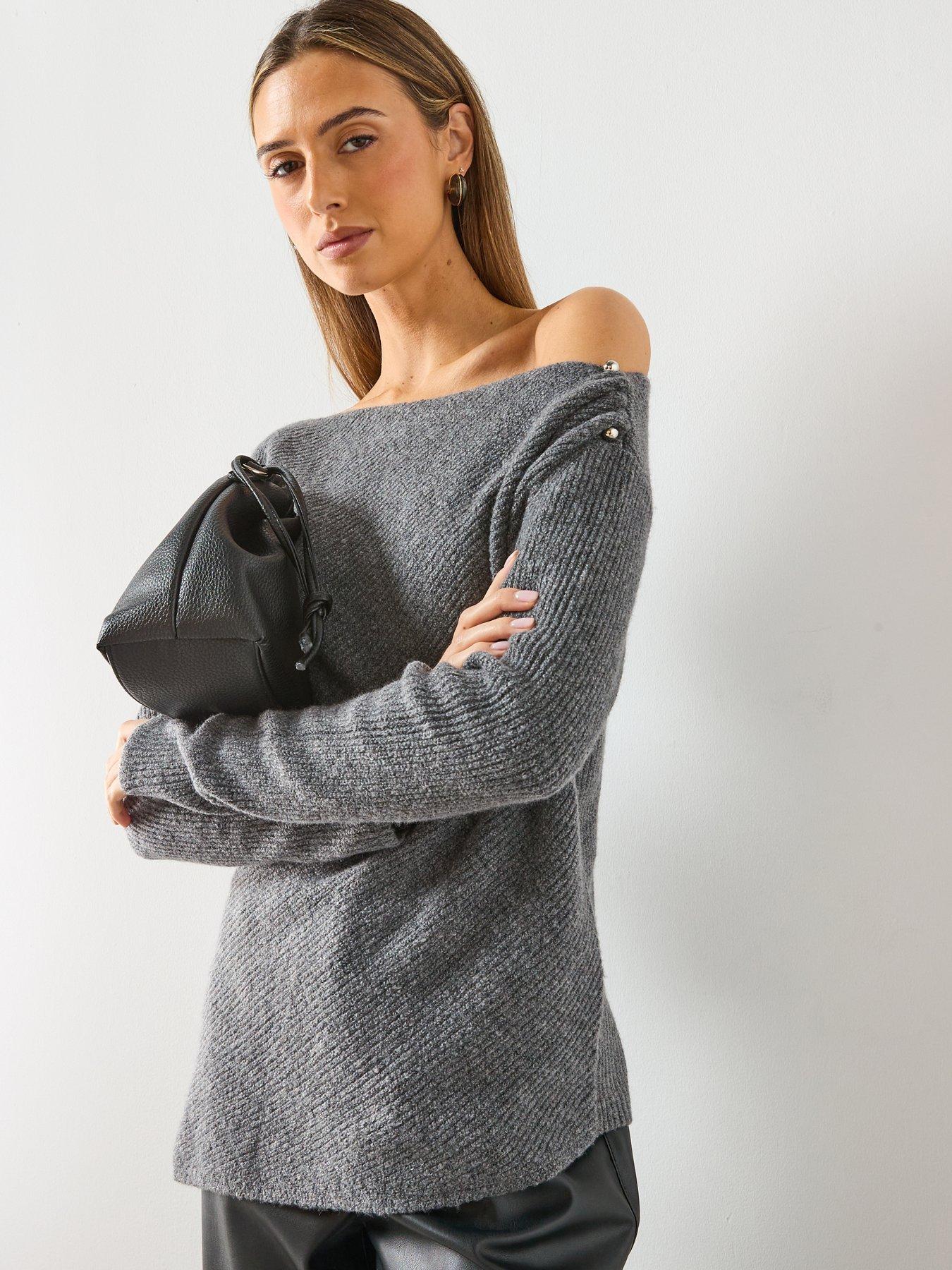  image of mango-asymmetrical-sweater-with-metallic-detail-grey