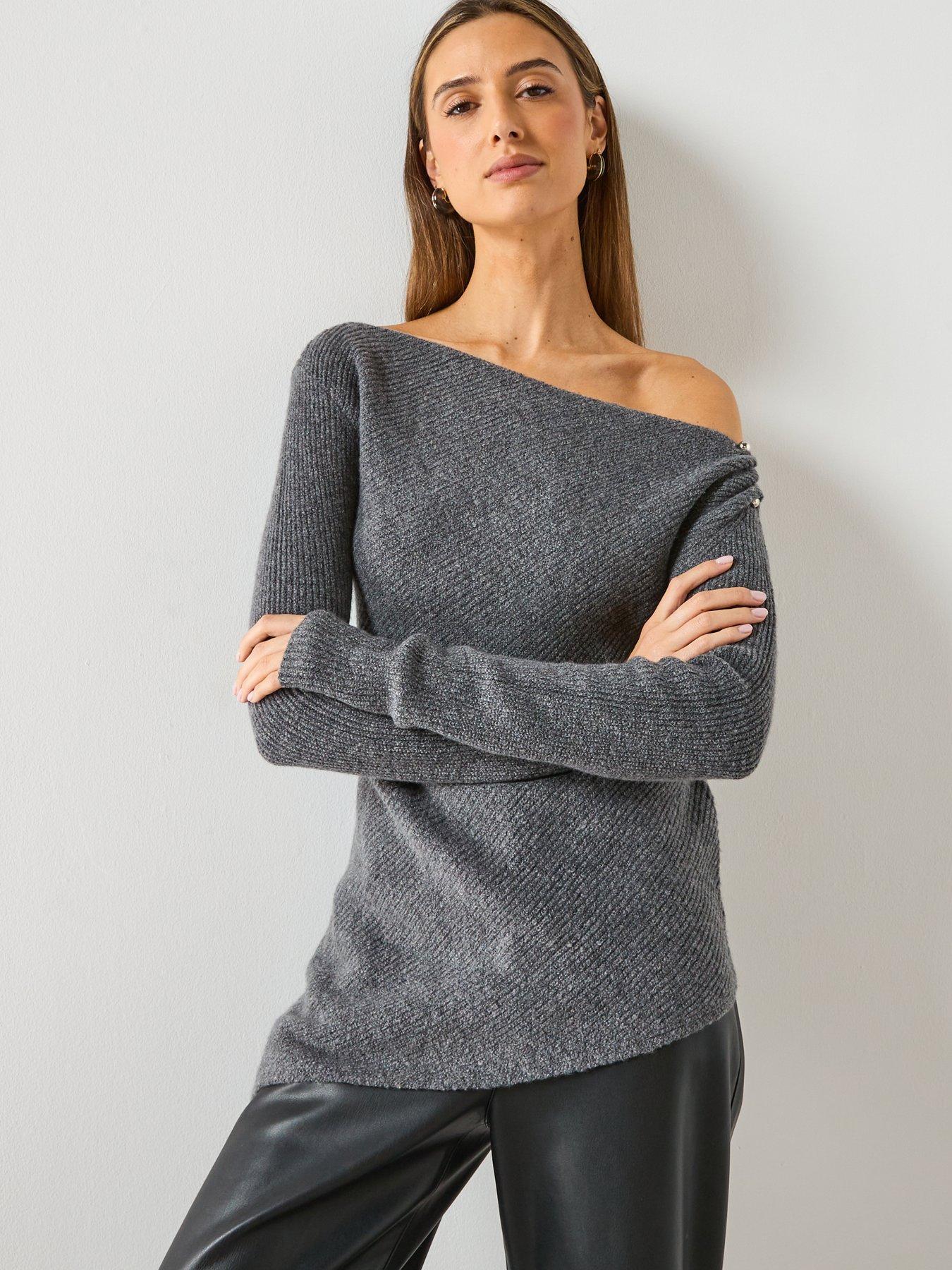 image of mango-asymmetrical-sweater-with-metallic-detail-grey