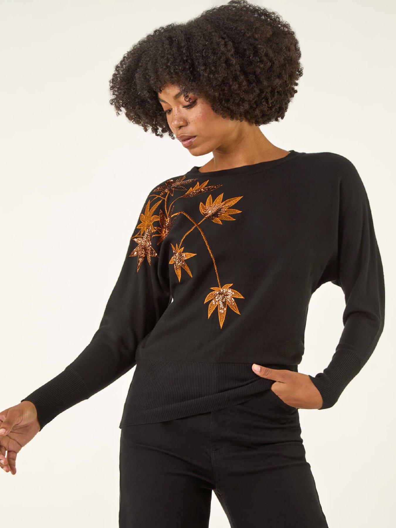 image of roman-sequin-floral-embroidered-knit-jumper-black