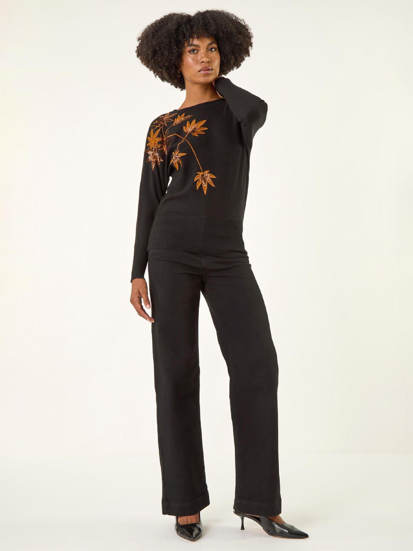  image of roman-sequin-floral-embroidered-knit-jumper-black