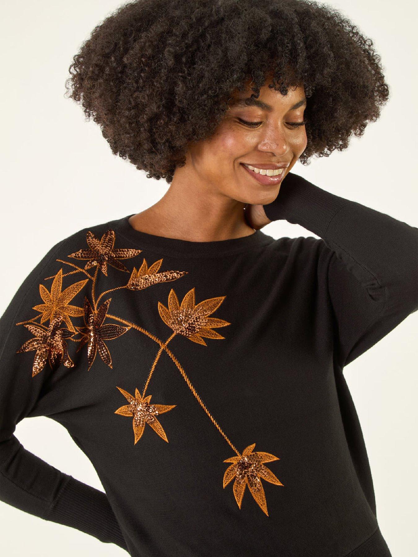  image of roman-sequin-floral-embroidered-knit-jumper-black