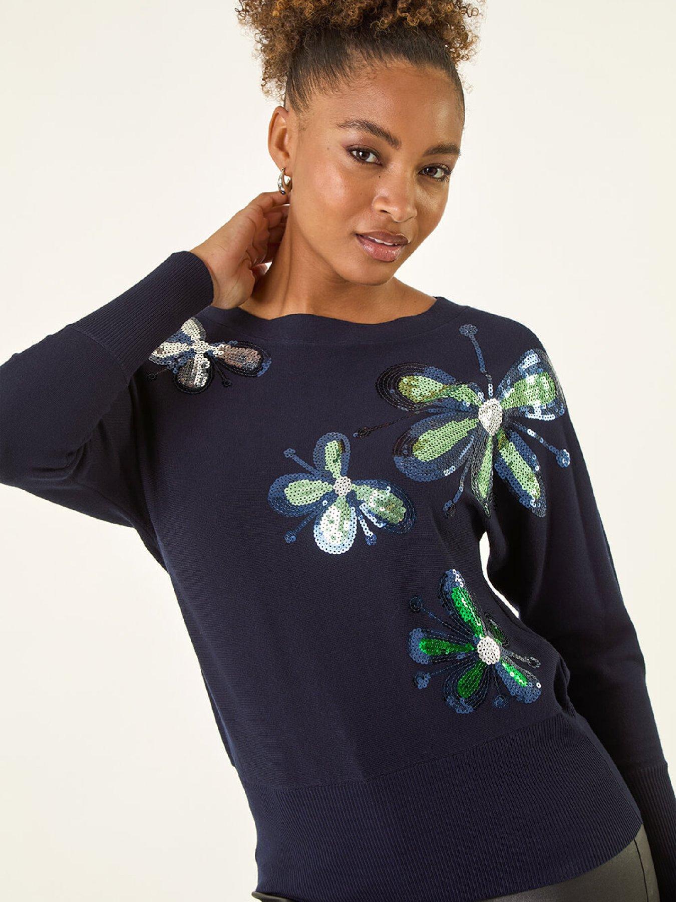  image of roman-sequin-floral-knit-jumper-navy
