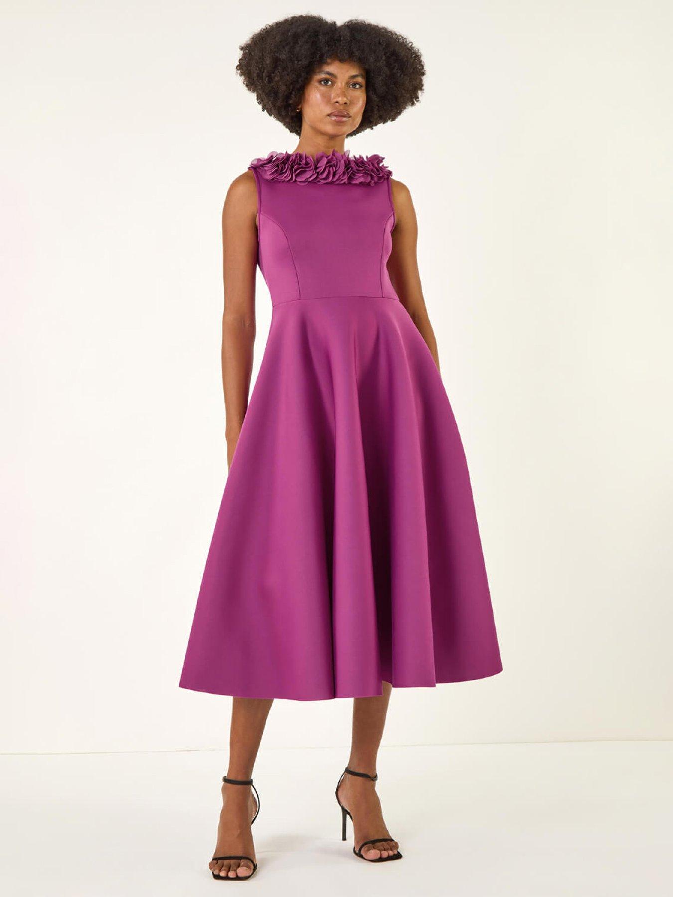 Roman Chiffon Flower Trim Premium Stretch Dress - Magenta
