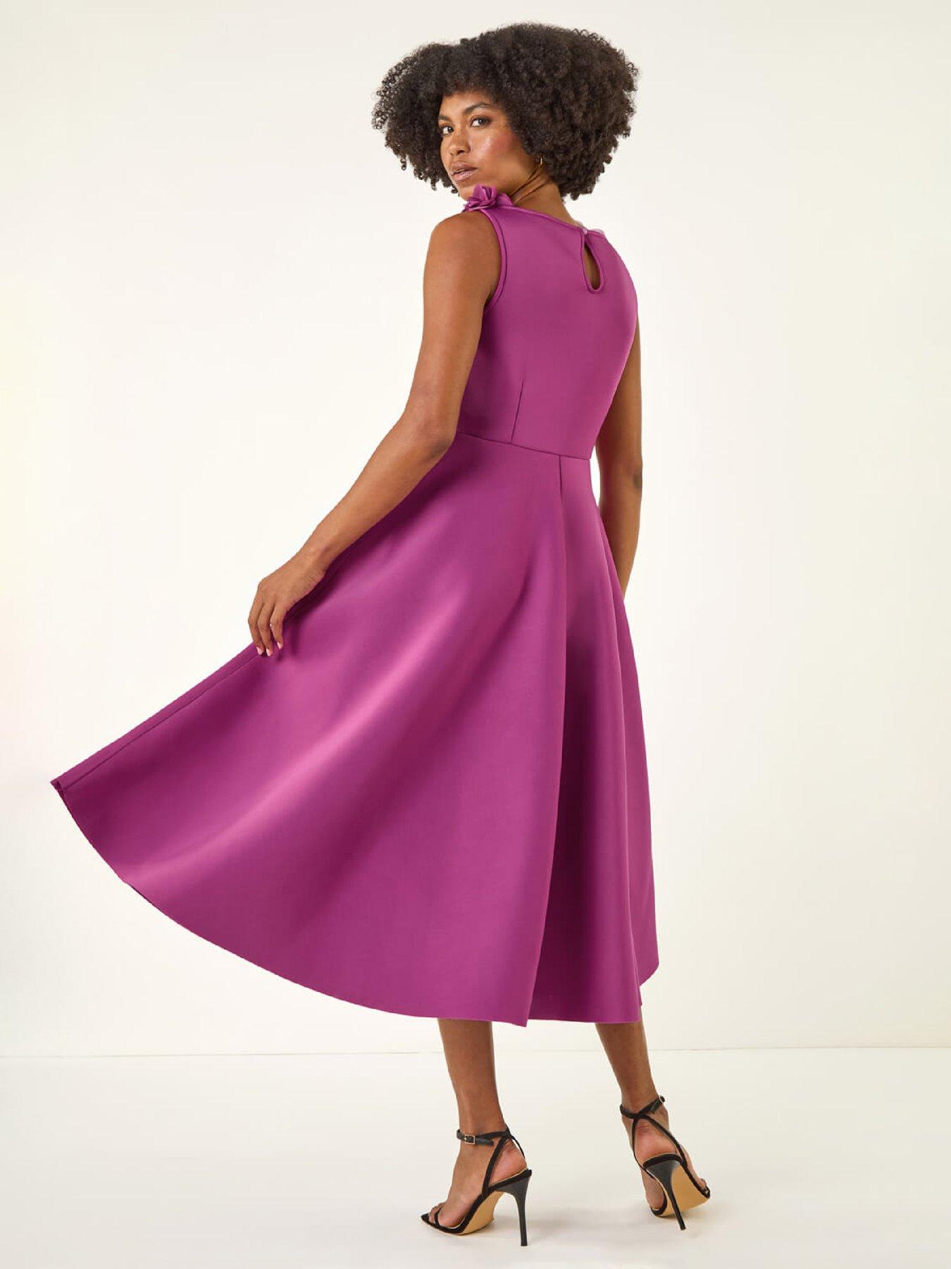 Image 2 of 5 of Roman Chiffon Flower Trim Premium Stretch Dress - Magenta