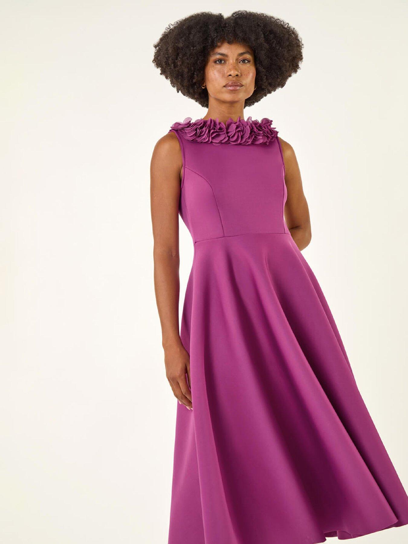 Image 3 of 5 of Roman Chiffon Flower Trim Premium Stretch Dress - Magenta
