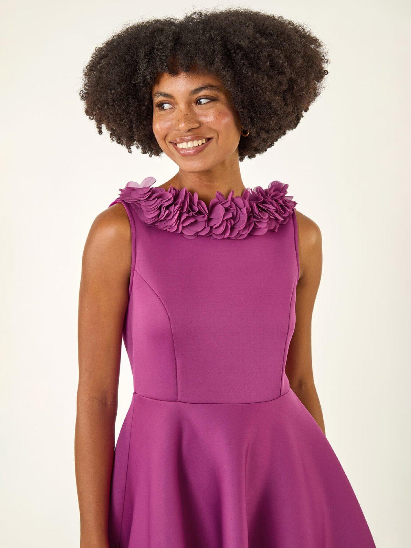 Image 4 of 5 of Roman Chiffon Flower Trim Premium Stretch Dress - Magenta