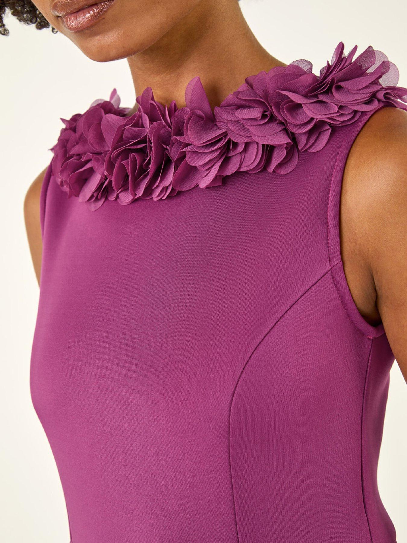 Image 5 of 5 of Roman Chiffon Flower Trim Premium Stretch Dress - Magenta